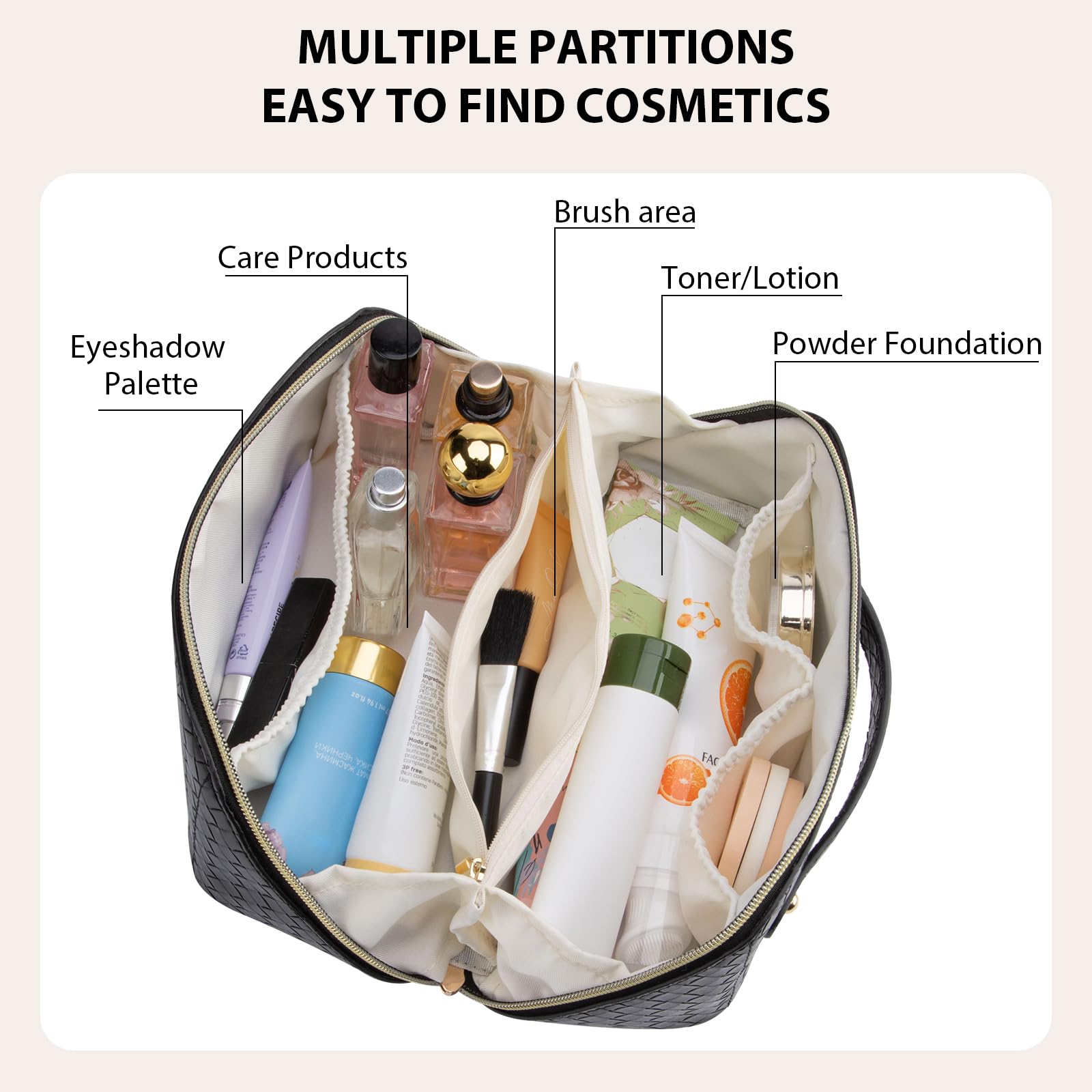 Large Capacity Waterproof Travel Makeup Bag for Women - Portable Cosmetic Organizer with Multiple Compartments, Foldable Flat Lay Design for Easy Access - Perfect for Toiletries, Beauty Essentials & On-the-Go Makeup (Black) - Ideal for Travel, Gym, Vacation & Daily Use