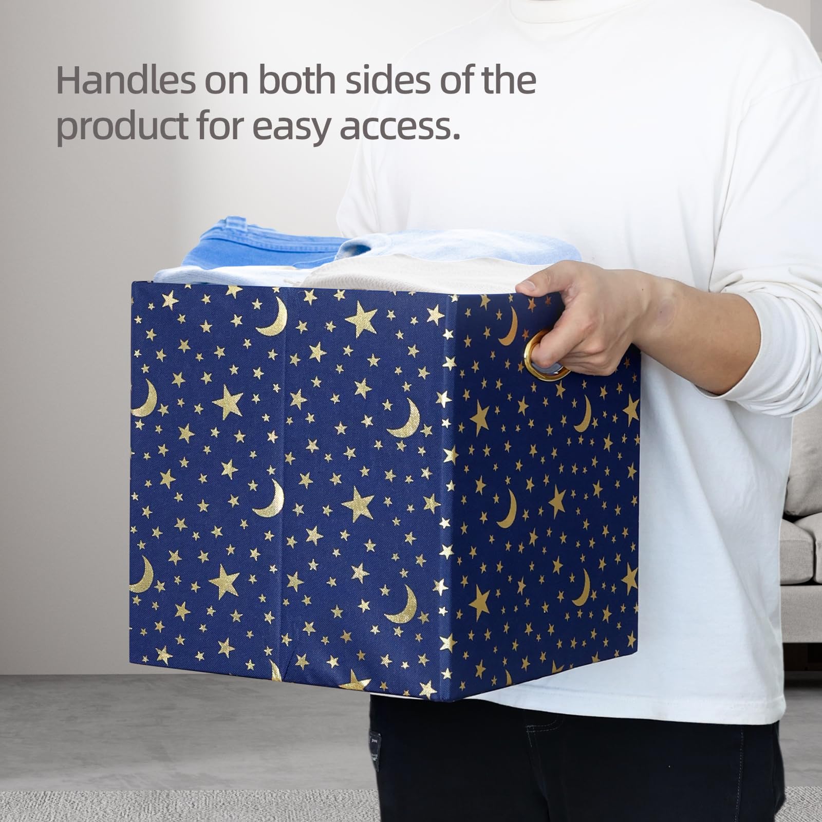 13x13x13 Collapsible Fabric Storage Cube Bins - 4 Pack Navy Blue & Gold Organizer Baskets for Shelves, Closet, Wardrobe, Bookshelf | Space-Saving Home & Office Storage Solution