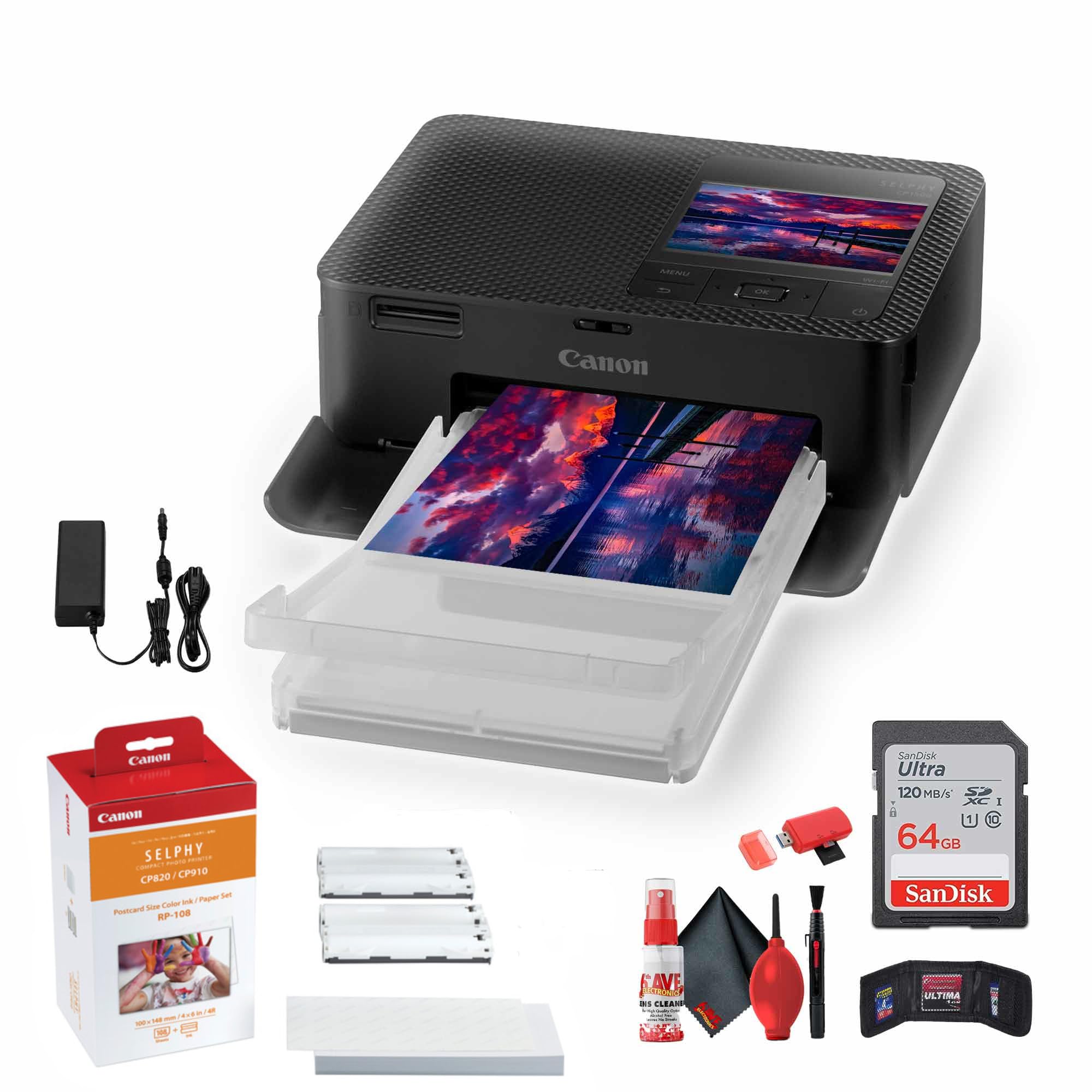 Canon SELPHY CP1500 Compact Photo Printer (Black) - Wireless Portable Inkjet Printer with RP-108 Ink & Paper Set, 64GB SD Card, Cleaning Kit & Accessories for Home, Office & Travel Photography