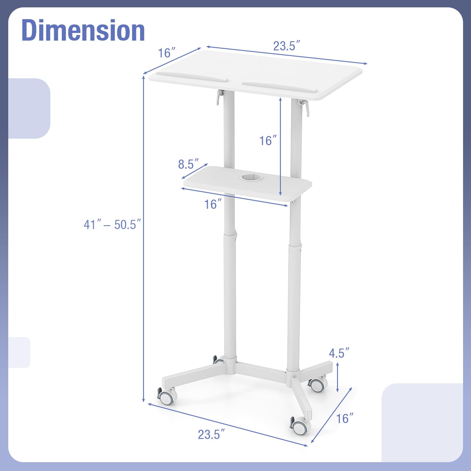 Adjustable Mobile Laptop Podium Stand with Storage Tray & Tilting Desktop - Rolling Lectern for Home Office, Classroom, Church & Presentations - White Standing Desk with Wheels for Easy Mobility