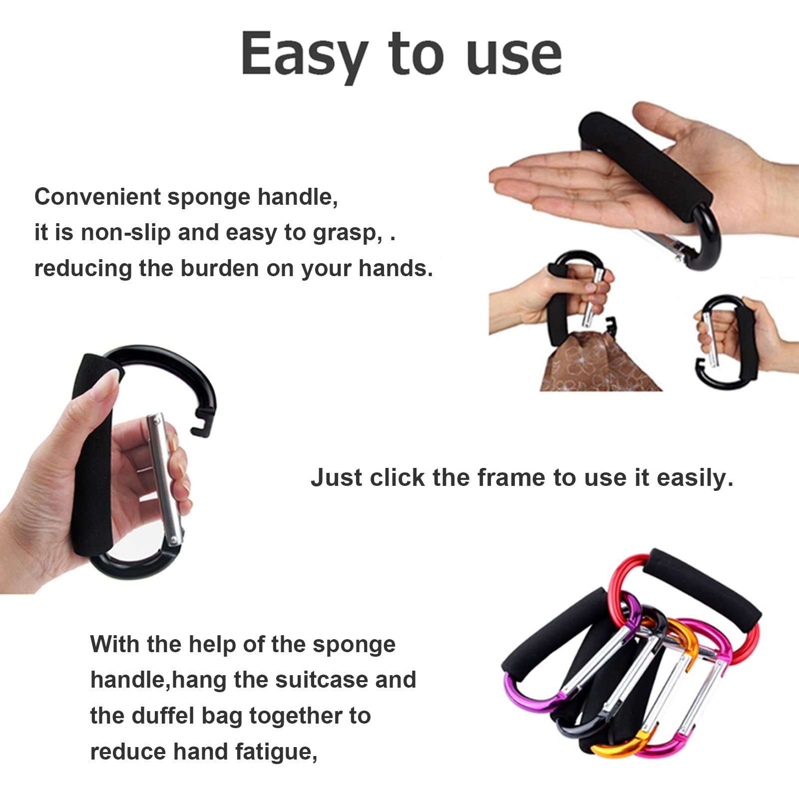 OMUKY 2-Pack Heavy Duty Carabiner Clips - Multipurpose Snap Hooks for Grocery Bags, Strollers, Backpacks & Shopping - Oversized Sponge Handle with Secure Locking Mechanism - Perfect for Outdoor Activities, Camping, Hiking & Daily Errands