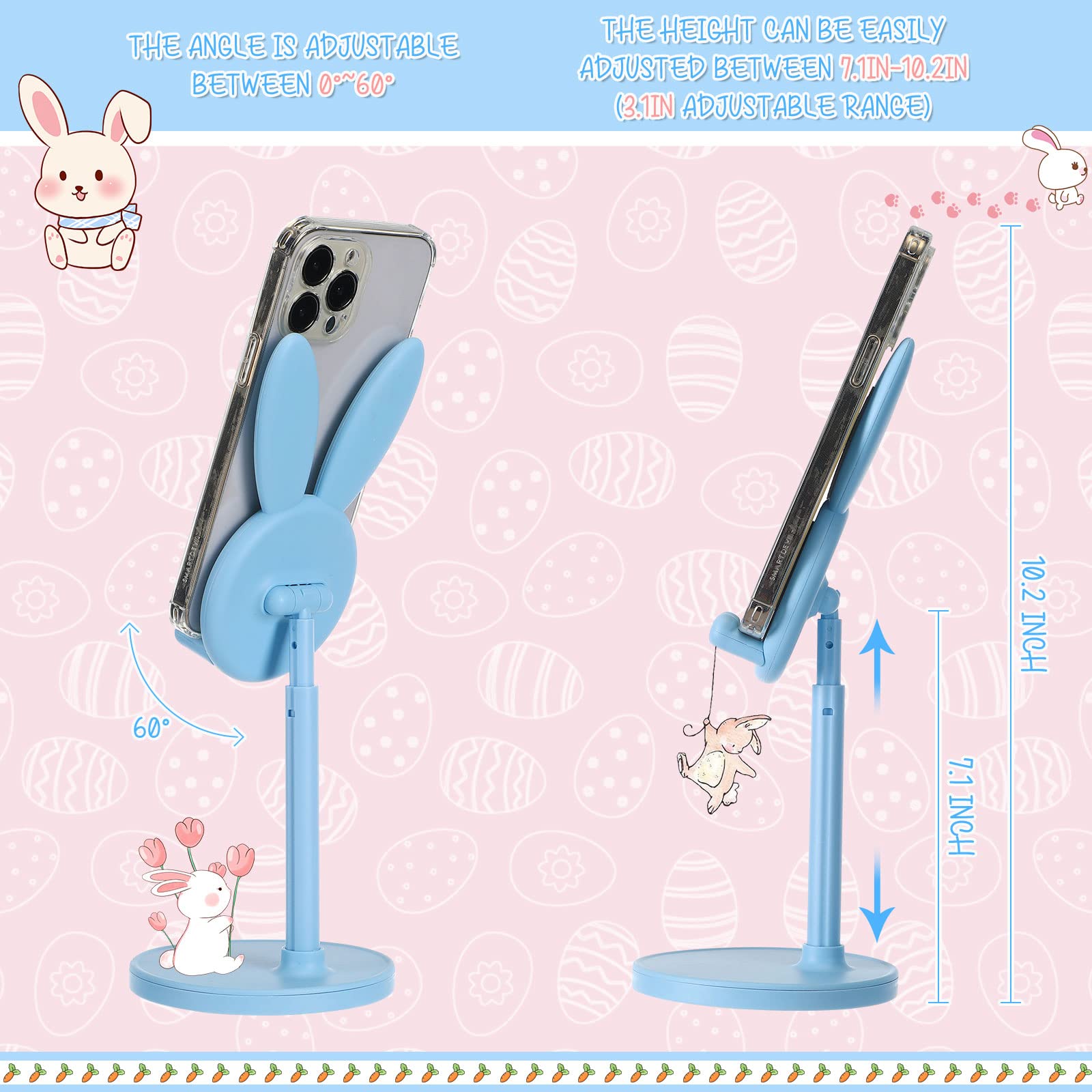 Kathfly 2 Pack Adjustable Bunny Phone Stand - Cute Kawaii Phone Holder for Desk, Easter Gift for Women & Girls (Pink/Blue) - Perfect for Watching Videos, Video Calls & Hands-Free Browsing