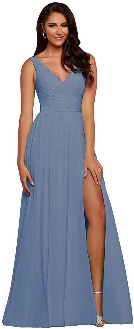 Elegant V-Neck Sleeveless Chiffon Bridesmaid Dress with Side Slit - Long Prom Gown for Wedding Guest 2024 (Slate Blue) | Perfect for Formal Events, Evening Parties & Special Occasions