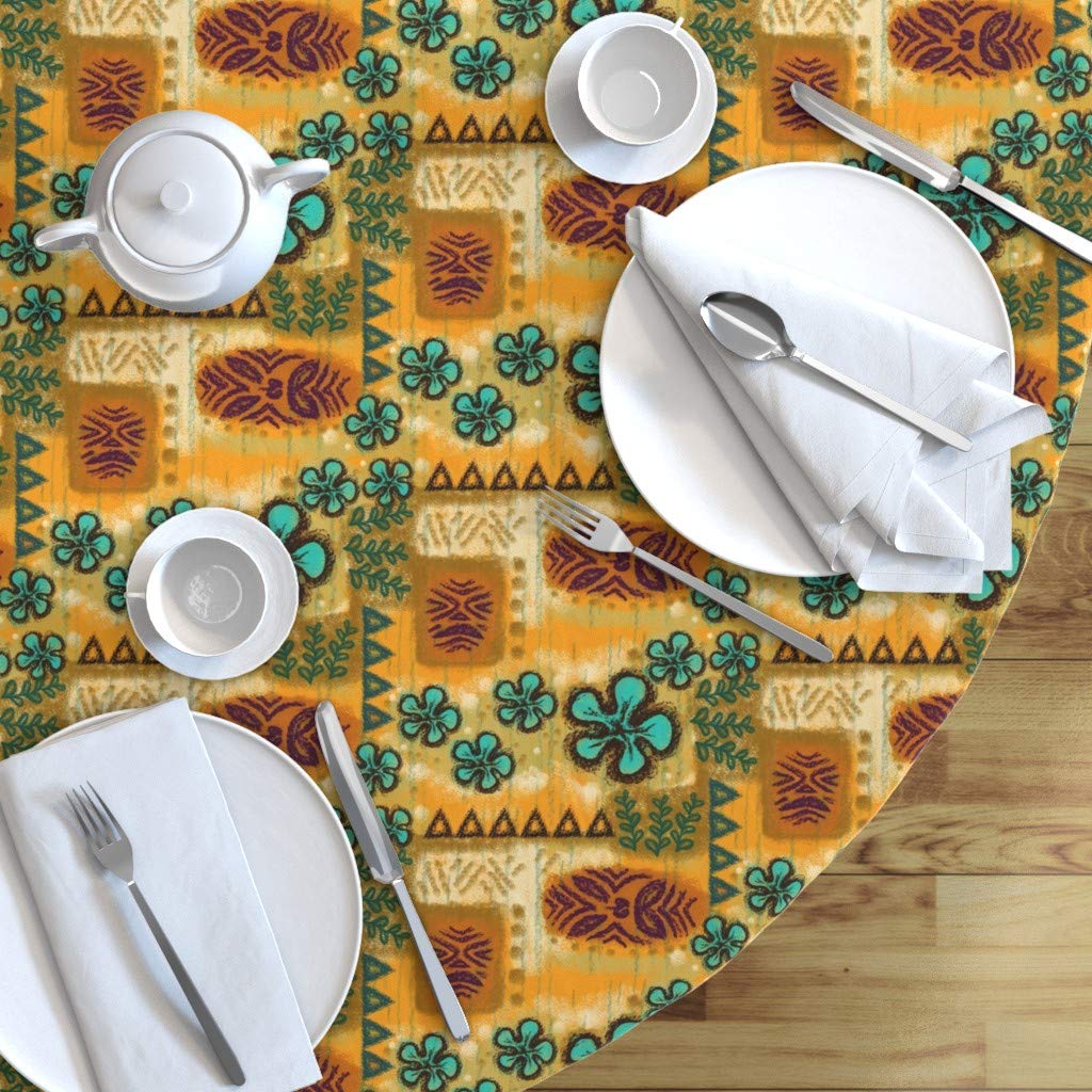 Vintage Hawaiian Tiki Floral Orange Cotton Sateen Tablecloth - 90