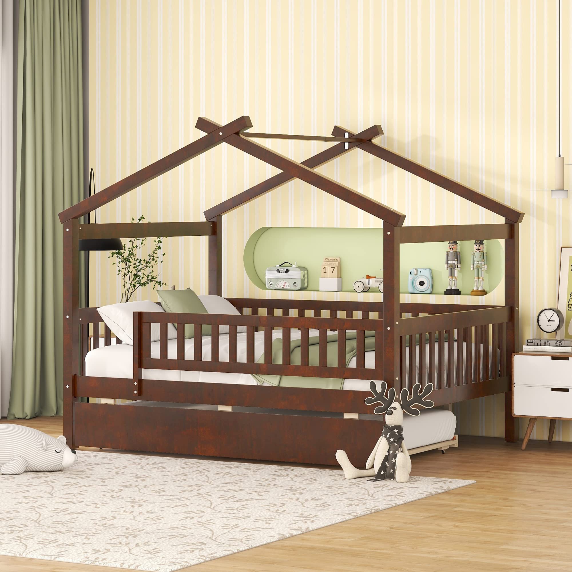 RUNNA Full Size Wooden House Bed with Twin Trundle & Roof - Solid Wood Platform Bed with Headboard & Footboard for Kids, Toddlers & Teens - Perfect for Bedrooms, Playrooms & Sleepovers (Walnut Finish, Full Size)