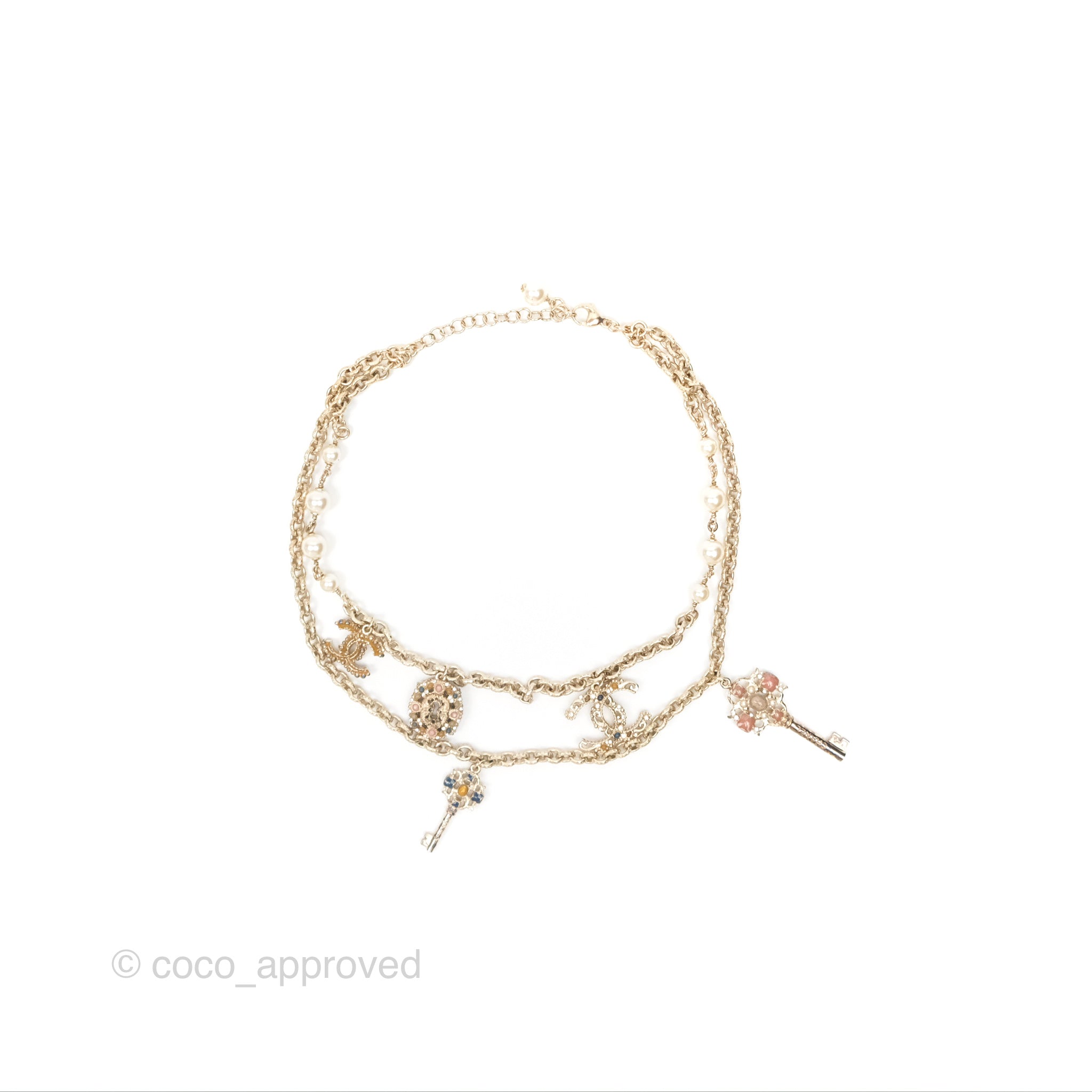 Chanel CC Keys Pendant Double Chain Necklace in Gold Tone - Elegant Fashion Jewelry for Women, Perfect for Parties, Date Nights & Special Occasions