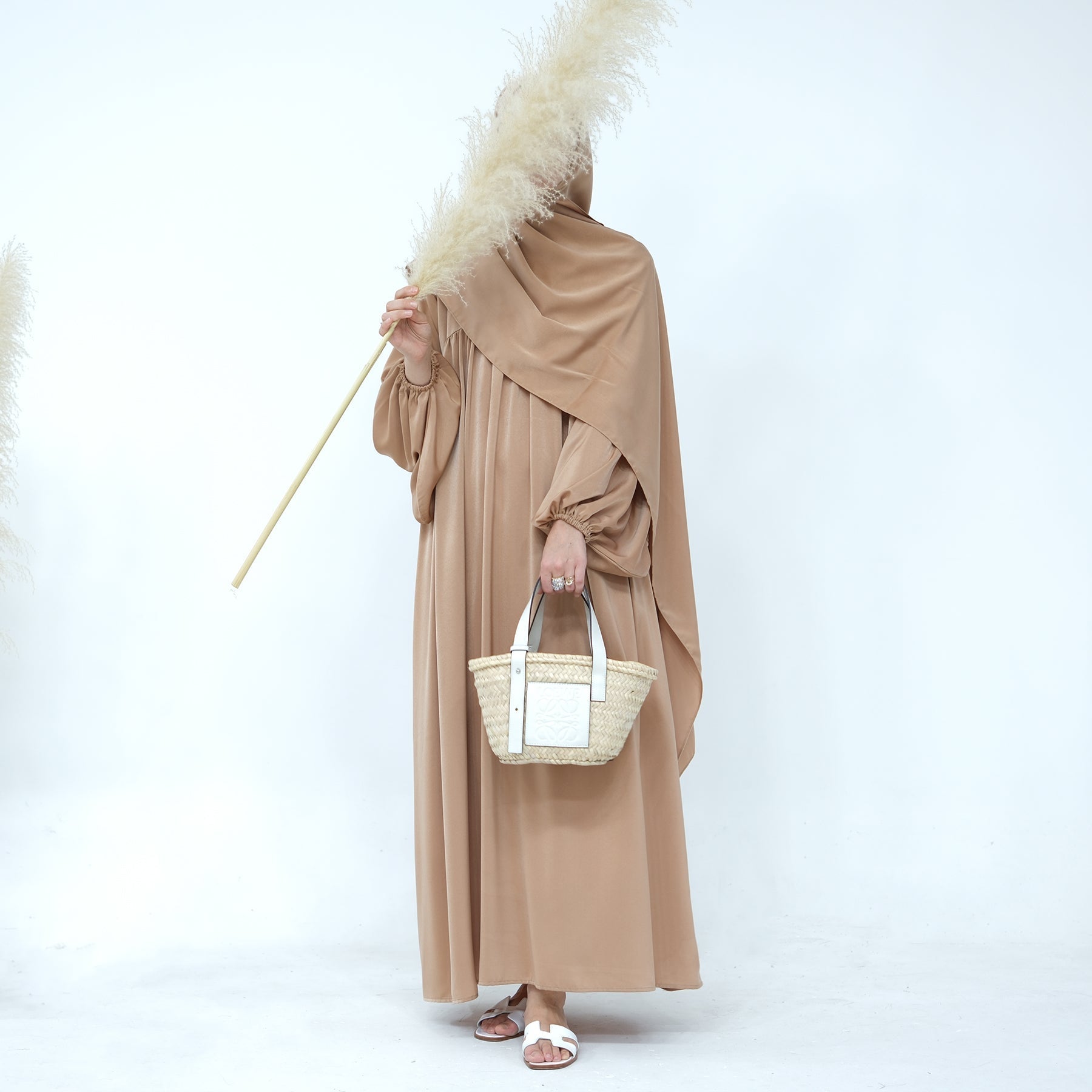 Amelia Satin Abaya Set in Camel Color - Modest Muslim Prayer Dress for Women | Perfect for Eid, Ramadan & Special Occasions