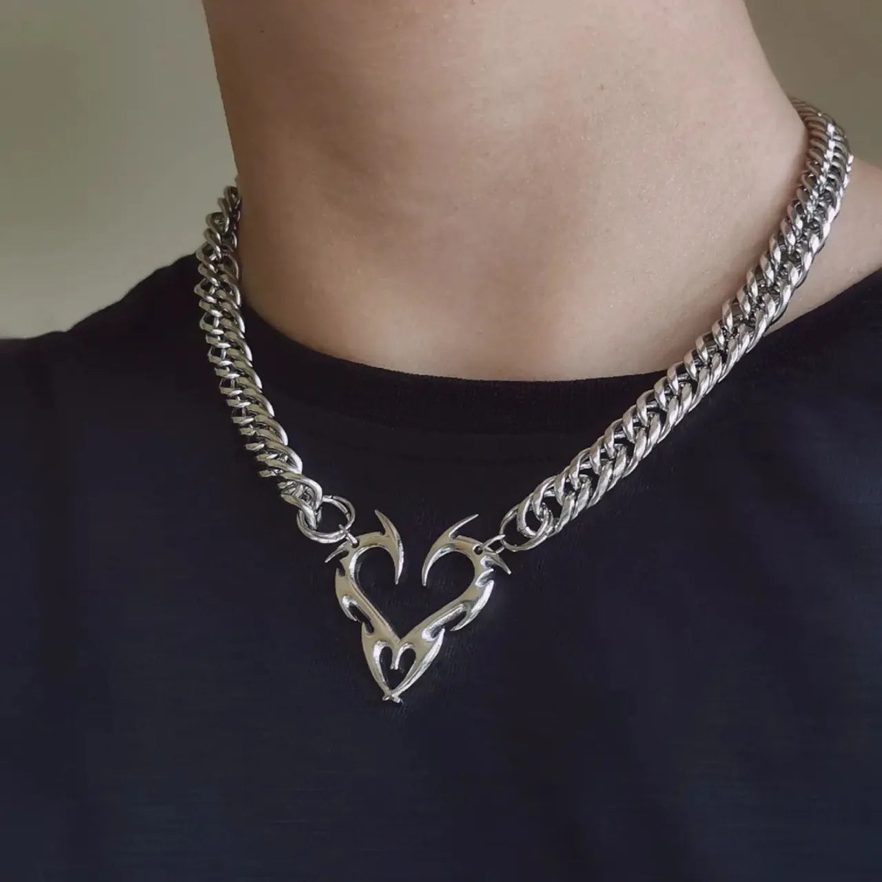 Danger Heart Necklace - Gothic Punk Jewelry for Women, Stainless Steel Pendant with 18