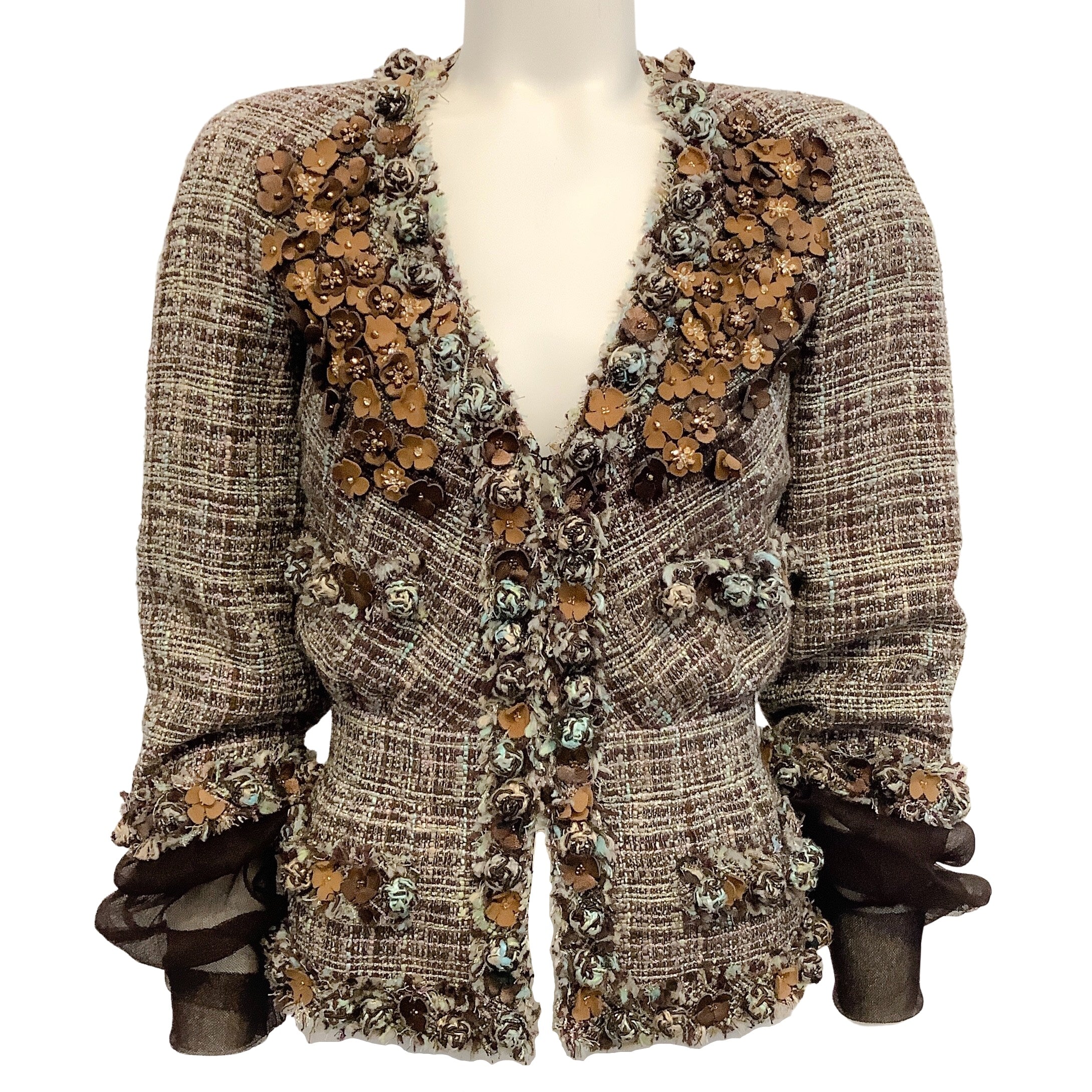 Chanel Brown & Green Tweed Jacket with Sheer Sleeves - Luxury Women's Blazer for Office, Party & Special Occasions