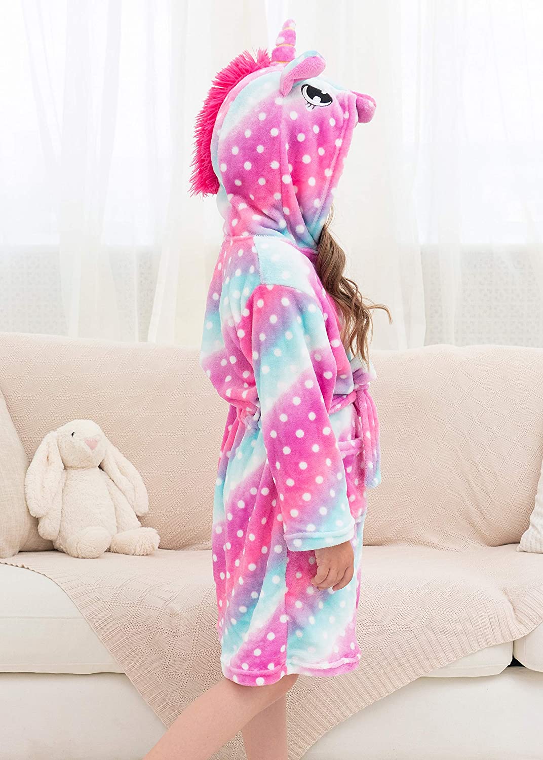 Soft & Cozy Unicorn Dots Bathrobe for Women & Girls - Plush Fleece Robe with Hood for Spa, Lounge & Relaxation at Home