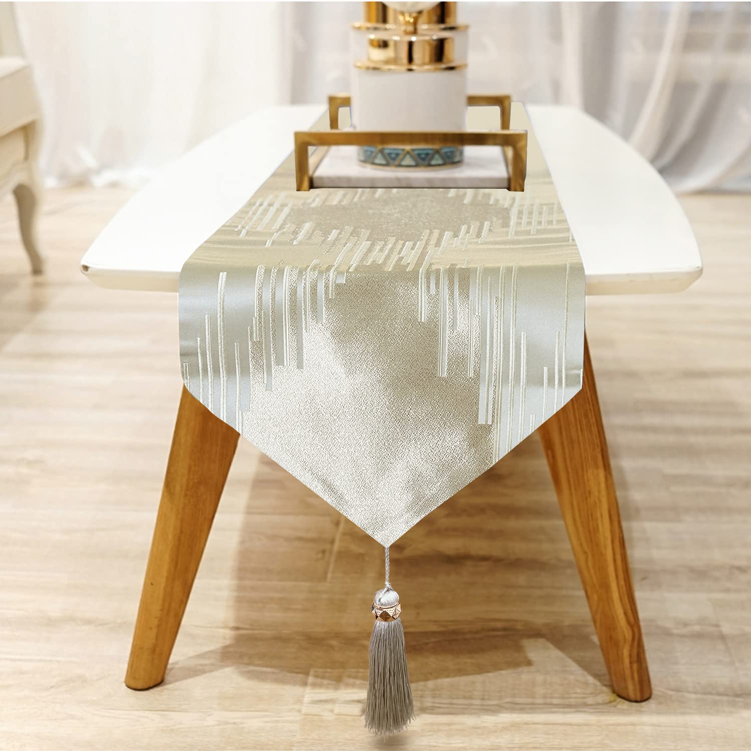 Jiino 72 Inch Beige Table Runner with Tassels - Modern Geometric Design for Coffee Tables, Dressers, Weddings & Holiday Parties - Elegant Home Decor for Dining Rooms, Events & Seasonal Celebrations