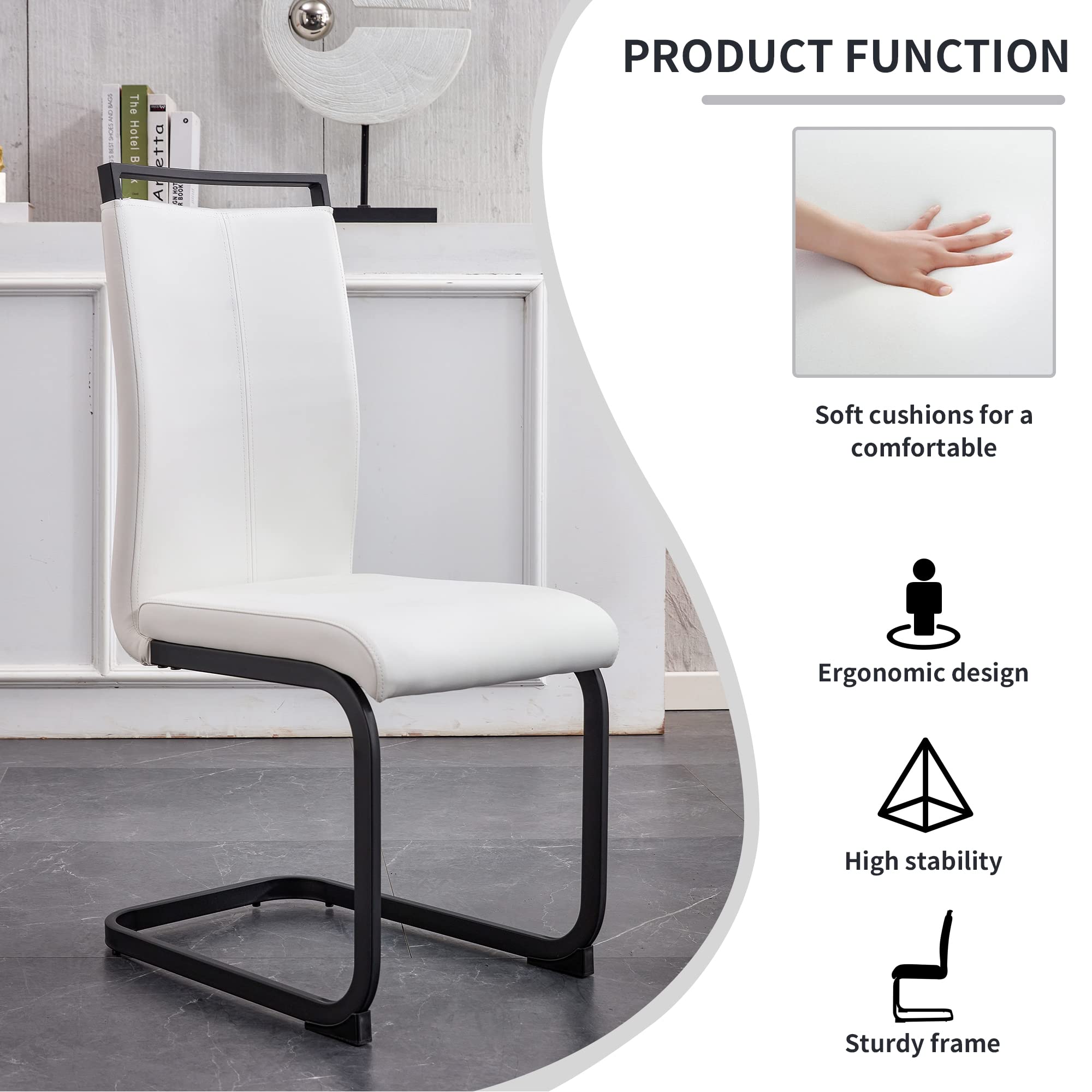 Baysitone Modern Dining Chairs Set of 4 - Black Frame Faux Leather Padded High Back Side Chairs for Kitchen, Dining Room & Living Room - Comfortable Seating for Family Meals, Entertaining Guests & Home Decor (White)