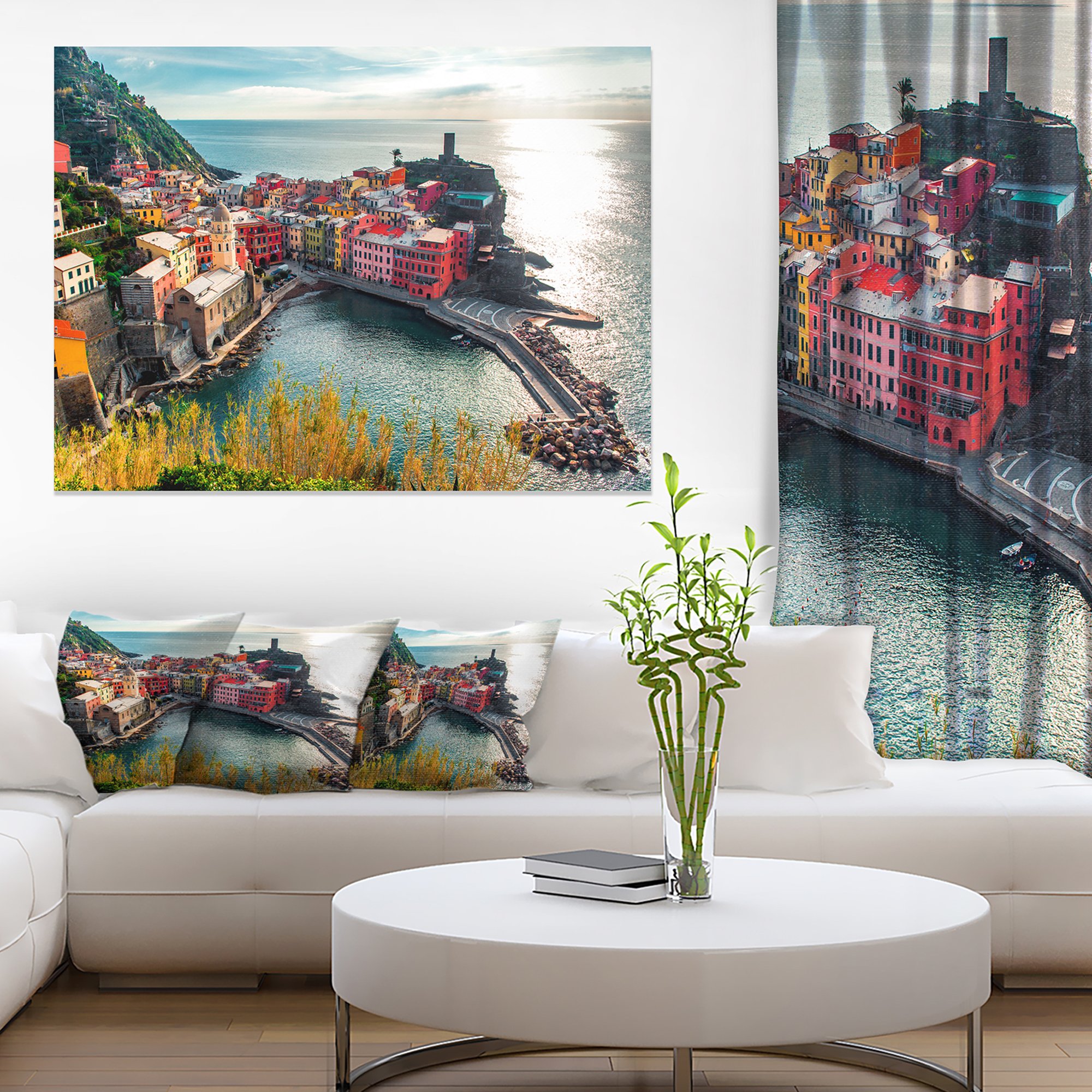 Vernazza Bay Aerial View Large Seascape Art Canvas Print - Coastal Wall Decor for Living Room, Bedroom & Office - Italian Riviera Landscape Painting Home Decoration