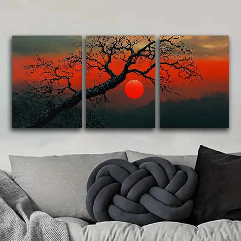 3-Piece The Red Sun Tree Metal Wall Art Print - Ready to Hang Modern Home Decor for Living Room, Bedroom & Office