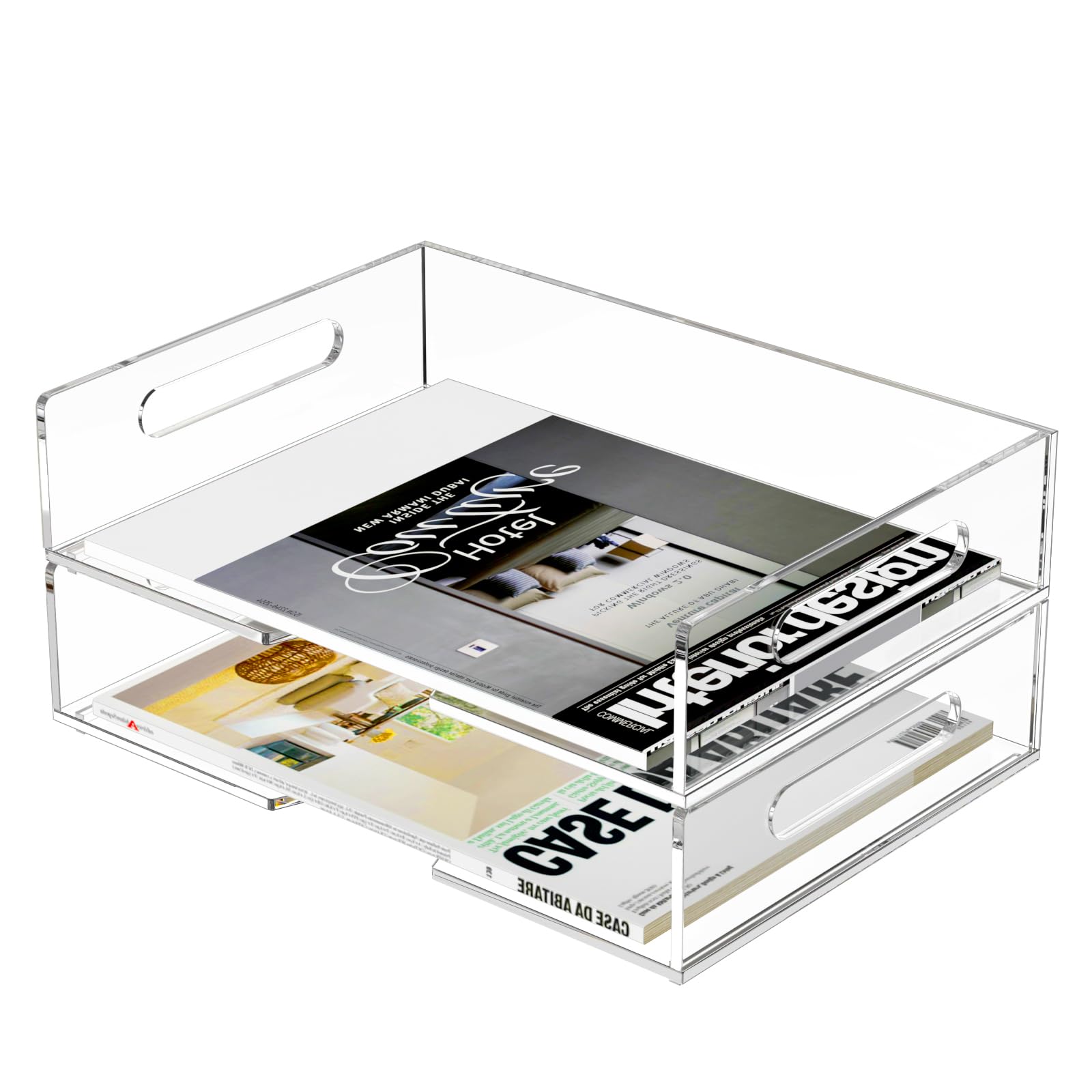 HIIMIEI 2 Pack Clear Acrylic Letter Tray - Stackable Desk Organizer for Documents, Files, and Office Supplies | Perfect for School, Home & Office Use | Horizontal Desktop Storage Solution for Paperwork, Mail, and Stationery