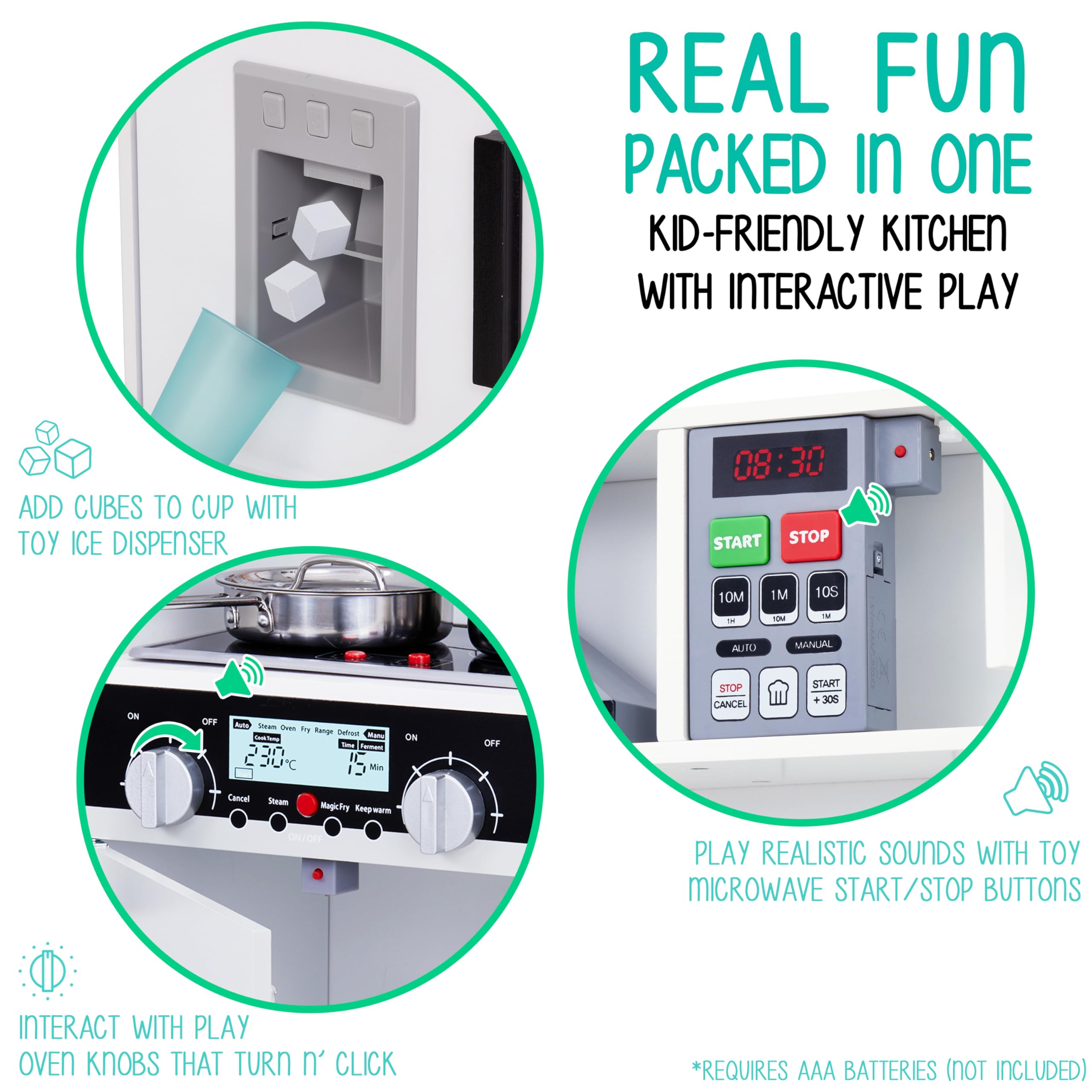 Lil’ Jumbl Kids Wooden Play Kitchen Set with Realistic Sounds & Lights - Pretend Cooking Toy with Battery Operated Icemaker, Microwave, Stove & Oven - Includes Pots, Pans & Utensils - Perfect for Toddler Pretend Play & Early Learning