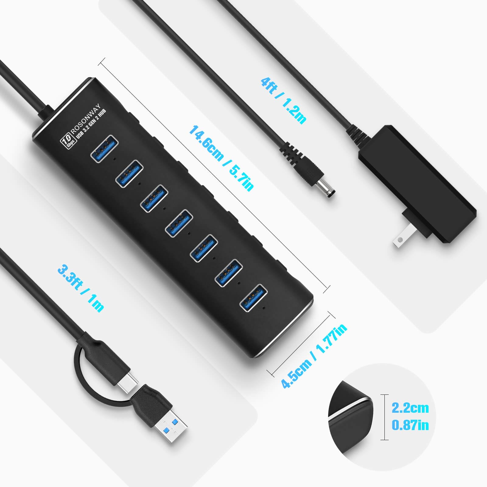 Rosonway 7-Port USB 3.2 Gen 2 Hub with 10Gbps Speed, Individual Power Switches & 24W Adapter - Aluminum USB-C Hub for Laptop, PC, MacBook - Ideal for Home Office, Gaming Setup & Multi-Device Charging Station