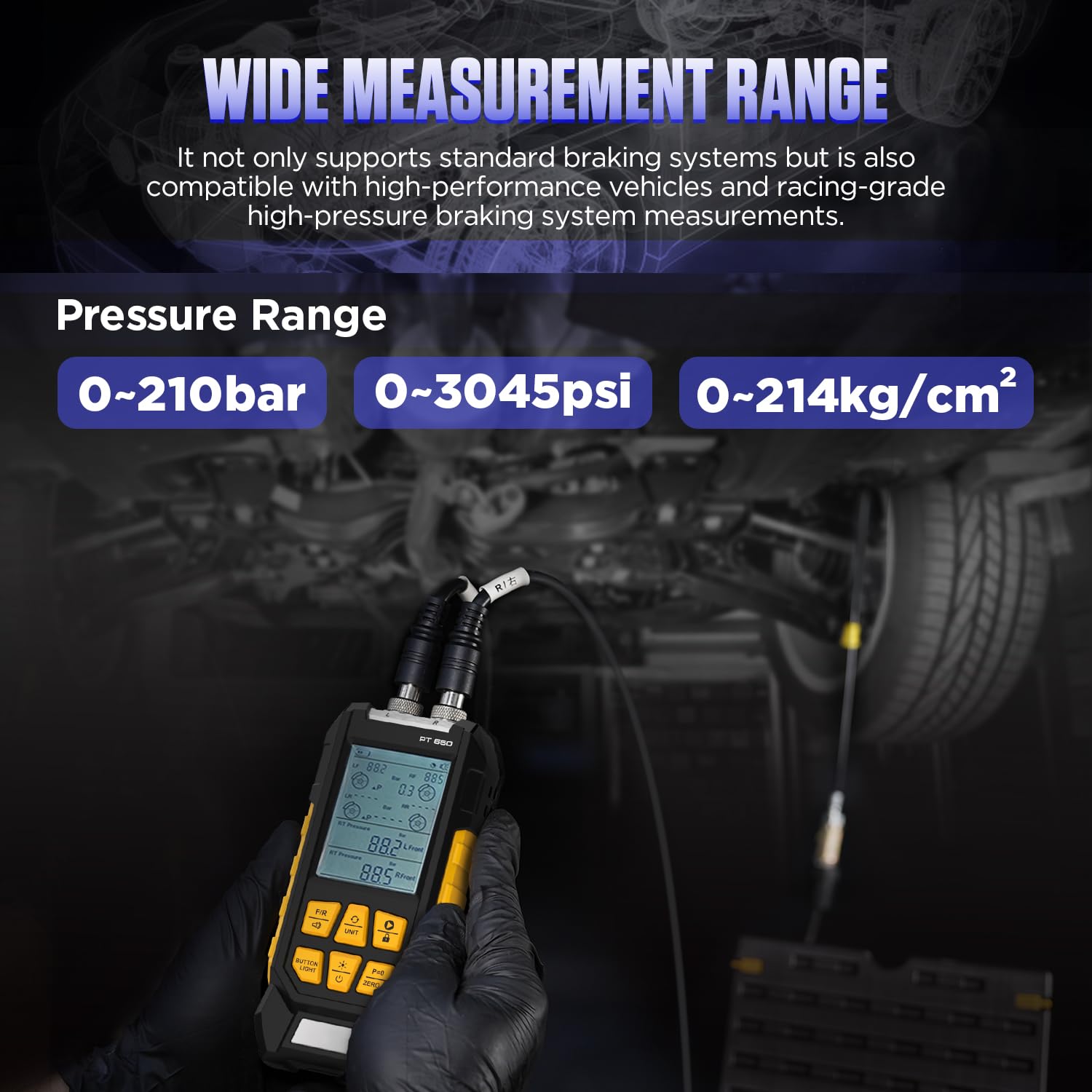 PT660 Digital Brake Pressure Tester - 0-210 Bar Dual Channel Automotive Brake System Diagnostic Tool with Smart Alarm & Multiple Connectors | Perfect for Mechanics, DIY Car Repair & Vehicle Maintenance