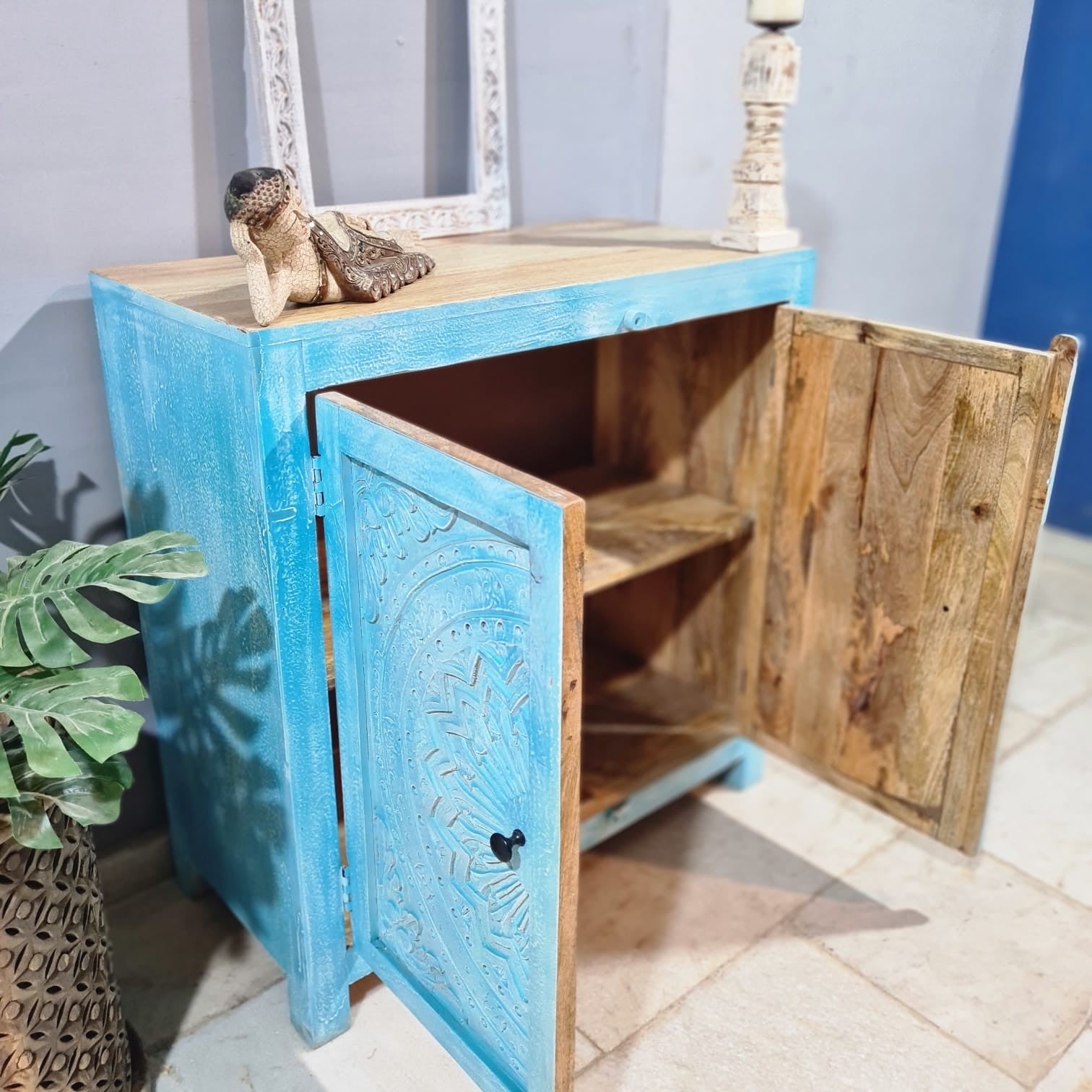 Handmade Carved Indian Solid Hardwood Cabinet with Floral Pattern - Blue (35.4