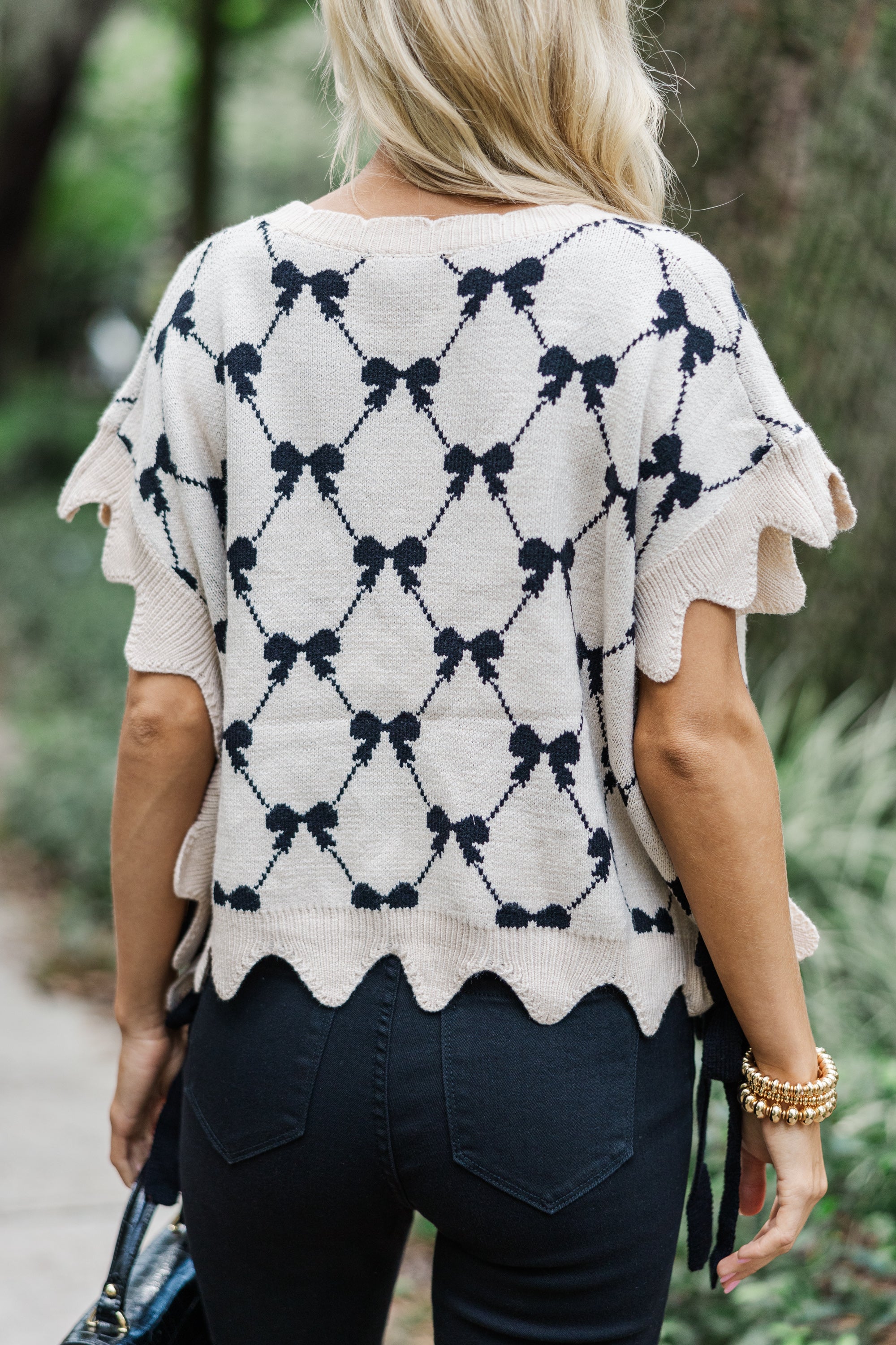 Best Ecru Bow Print Sweater for Women - Soft Knit Pullover with Elegant Bow Detail - Perfect for Office Wear, Date Night & Fall Outfits