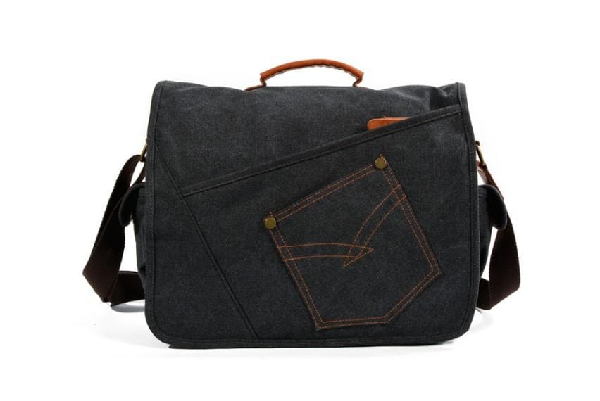 Men's Vintage Denim & Canvas Messenger Bag - Genuine Leather Crossbody Handbag for Work, Travel & Everyday Use