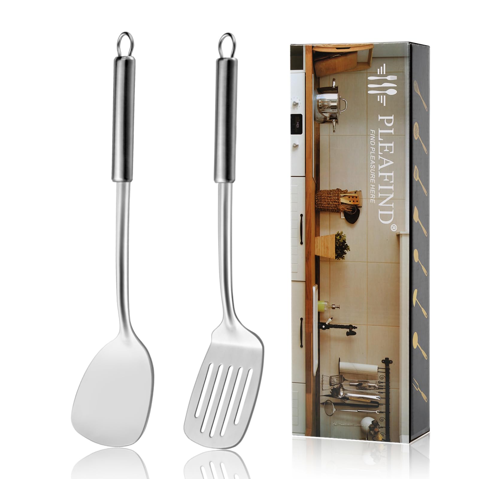 Premium 2-Piece Solid & Slotted Spatula Set - 304 Stainless Steel Cooking Utensils for Wok, Frying & Grilling - Professional Kitchen Tools for Home Chefs & Restaurants - Dishwasher Safe Silver Spatulas - Perfect for Stir-Frying, Flipping Pancakes & BBQ Cooking