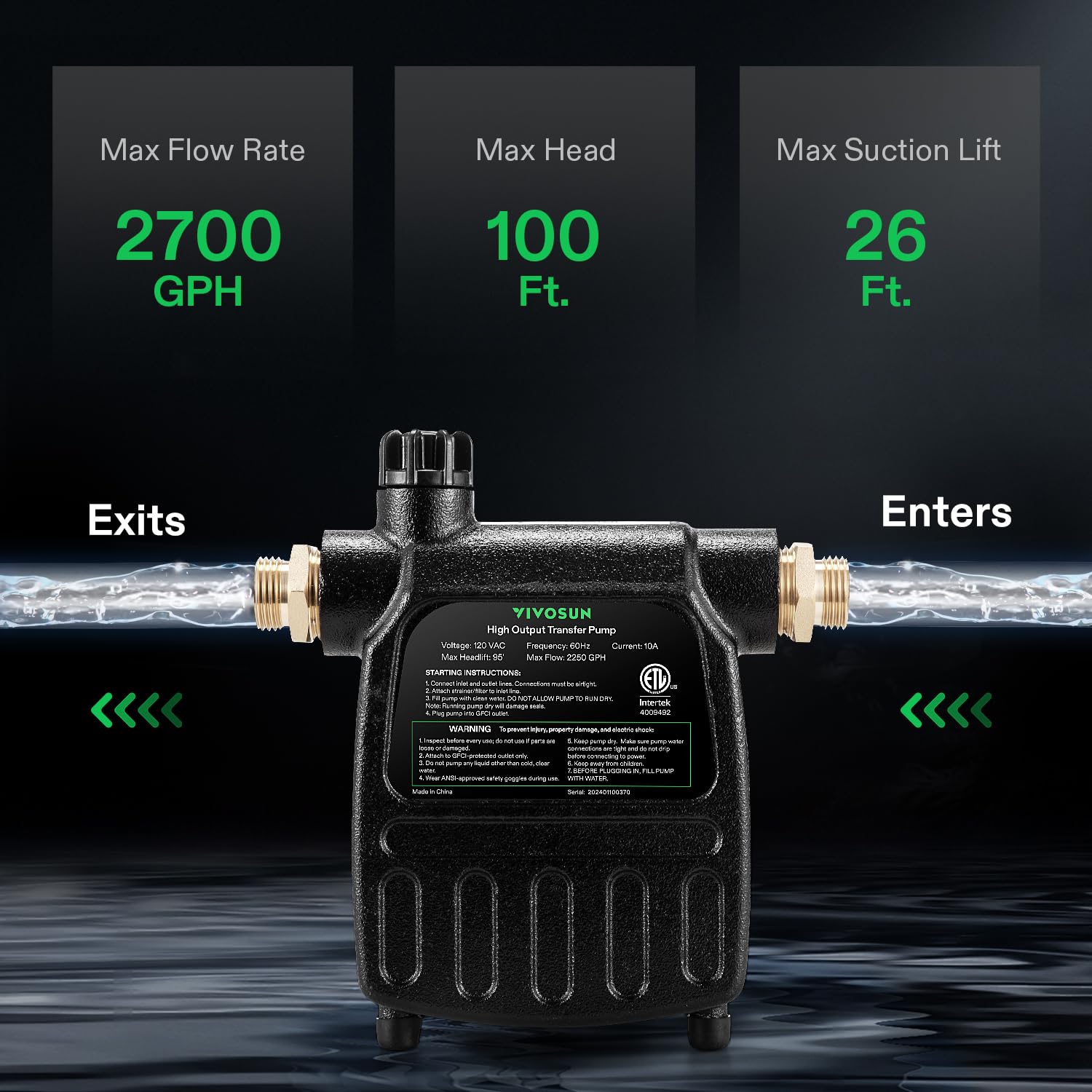 VIVOSUN 1HP 2700GPH Cast Iron Water Transfer Pump with ON/OFF Switch, Hose Adapters & Brass Connectors - Heavy Duty Utility Pump for Pool, Pond, Aquarium Water Transfer - Perfect for Draining, Flood Control & Irrigation