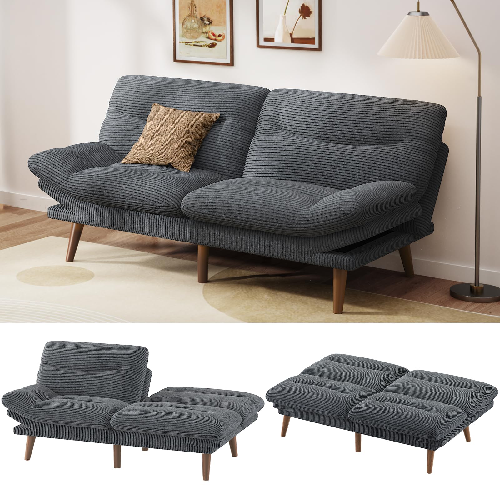 Pipishell Convertible Futon Sofa Bed - Adjustable Backrest & Armrests, Corduroy Fabric, Space-Saving for Small Apartments, Living Room, Office, Guest Room (Gray) - Perfect for Lounging, Sleeping & Multi-Functional Spaces