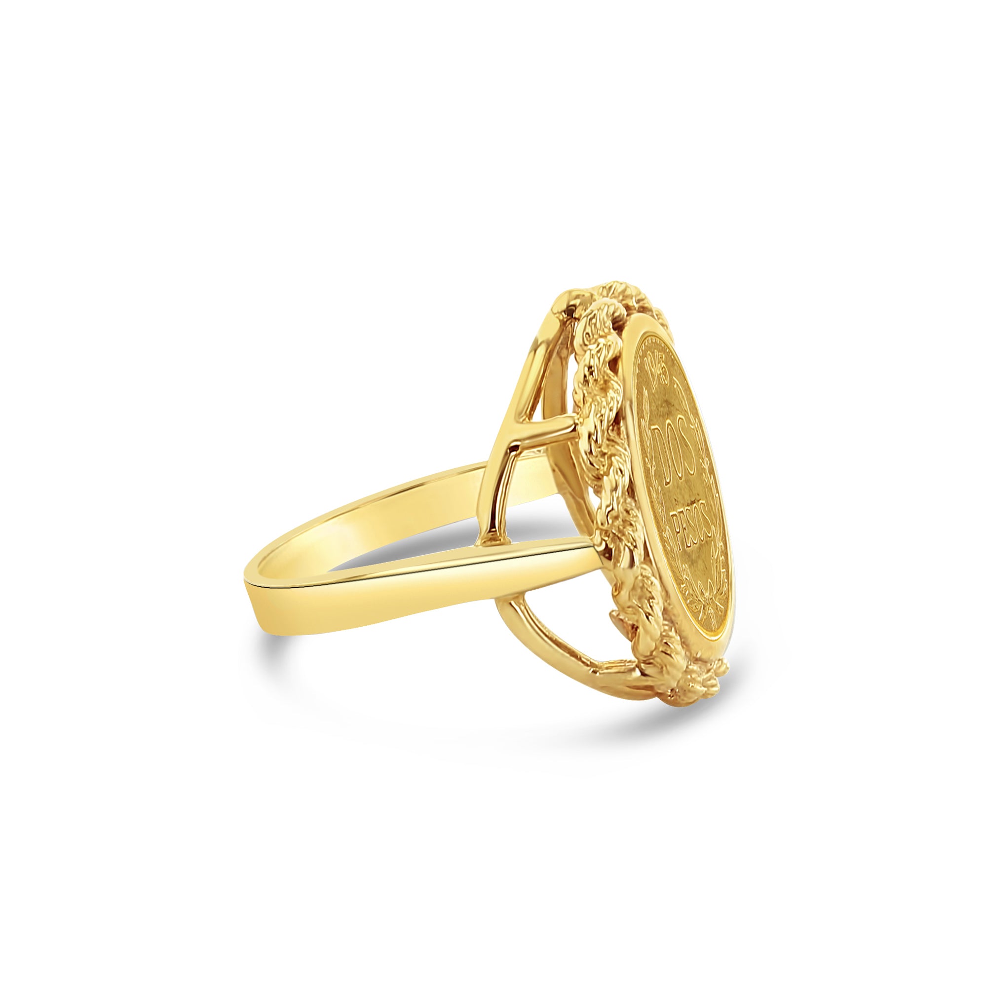 1945 Dos Pesos Fine Gold Coin Ring with Rope Bezel Frame - Vintage Mexican Jewelry for Men & Women - Perfect for Weddings, Anniversaries & Gifts