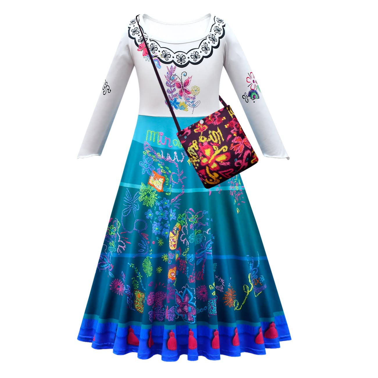 **Mirabel Costume for Girls - Printed Halloween Dress Up Fashion Long Gown with Matching Bag | Kids Disney Encanto Cosplay Outfit for Halloween, Birthday & Dress-Up Parties**