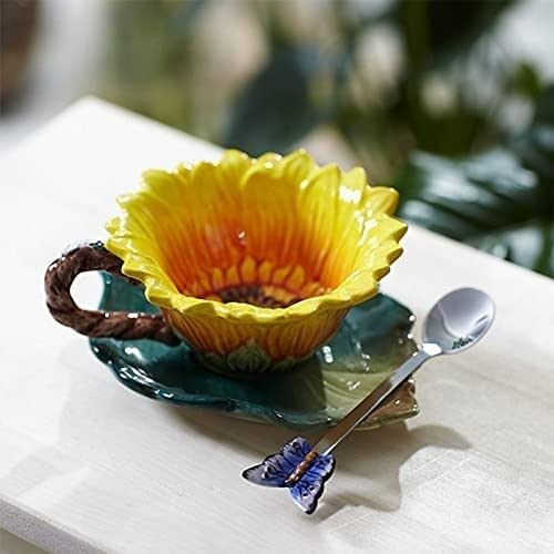 Sunflower Enamel Coffee Mug Set with Butterfly Spoon - 12oz Ceramic Tea Cup, Cute Home Decor Gift for Women, Birthday, Mother's Day - Perfect for Office, Kitchen & Coffee Lovers (Yellow, 1.8x2.2x4.7in)