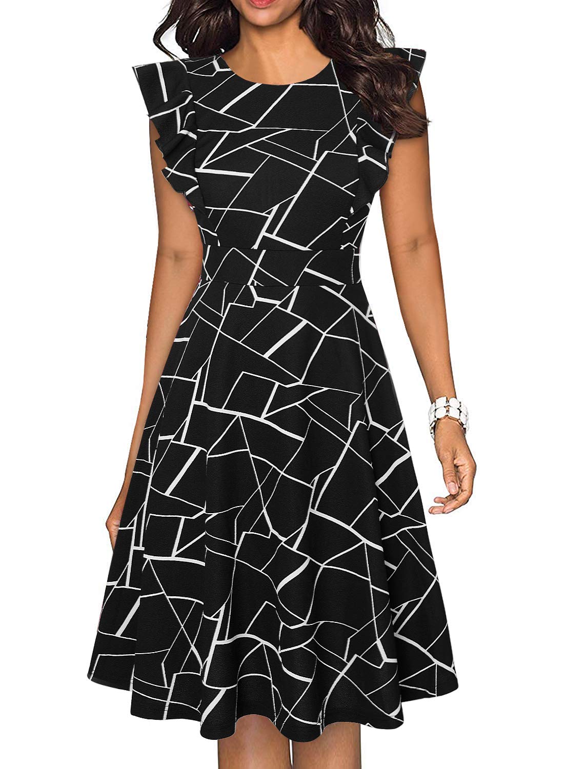 Vintage Floral Ruffle Flared A-Line Swing Dress for Women - Elegant Cocktail Party Dress with Pockets | Perfect for Weddings, Garden Parties & Date Nights