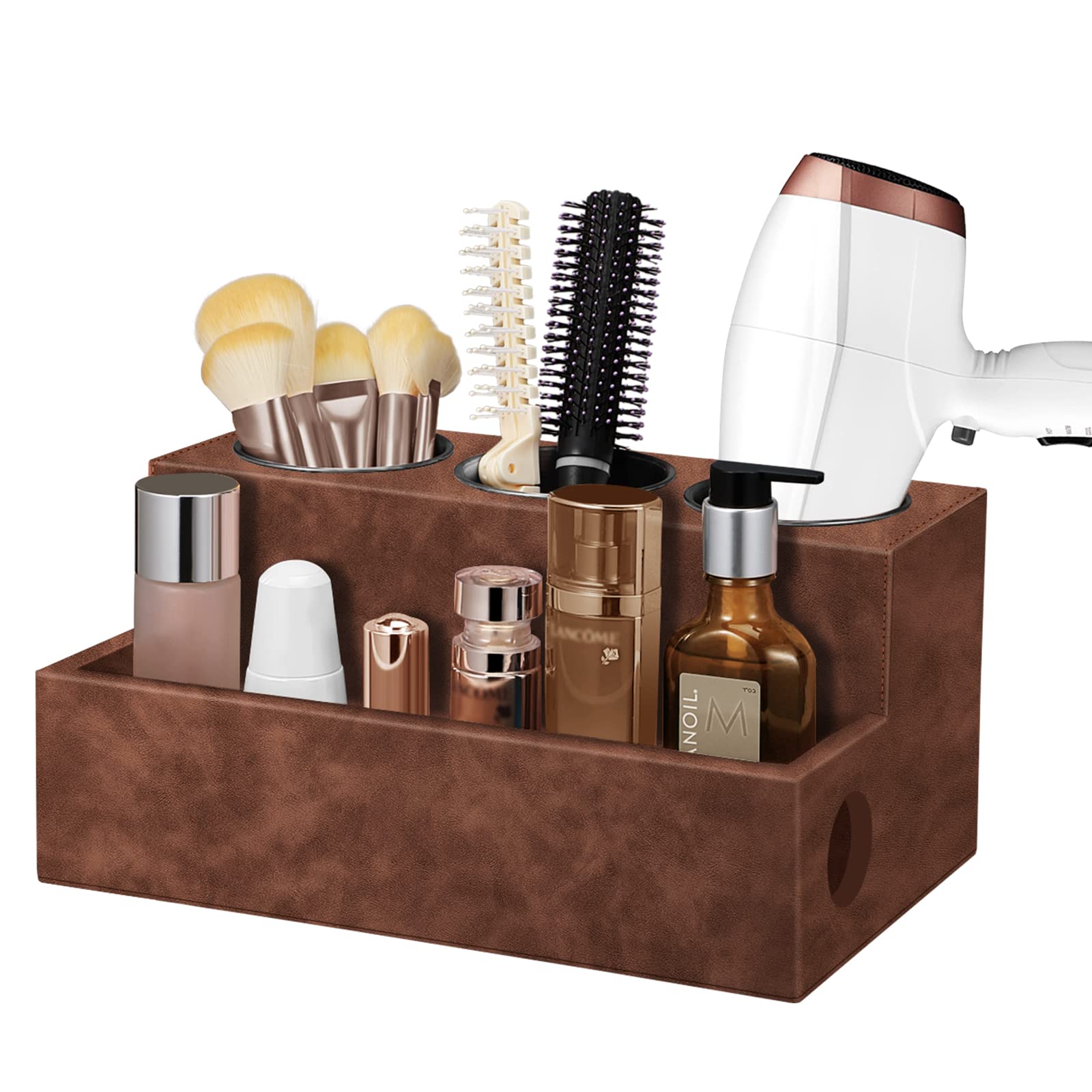 **SITHON Hair Dryer Holder with 3 Cups - Bathroom Organizer for Blow Dryer, Curling Iron & Hair Straightener - Countertop Storage Stand & Vanity Caddy for Brushes & Accessories, Brown - Perfect for Small Bathrooms & Salon Stations**