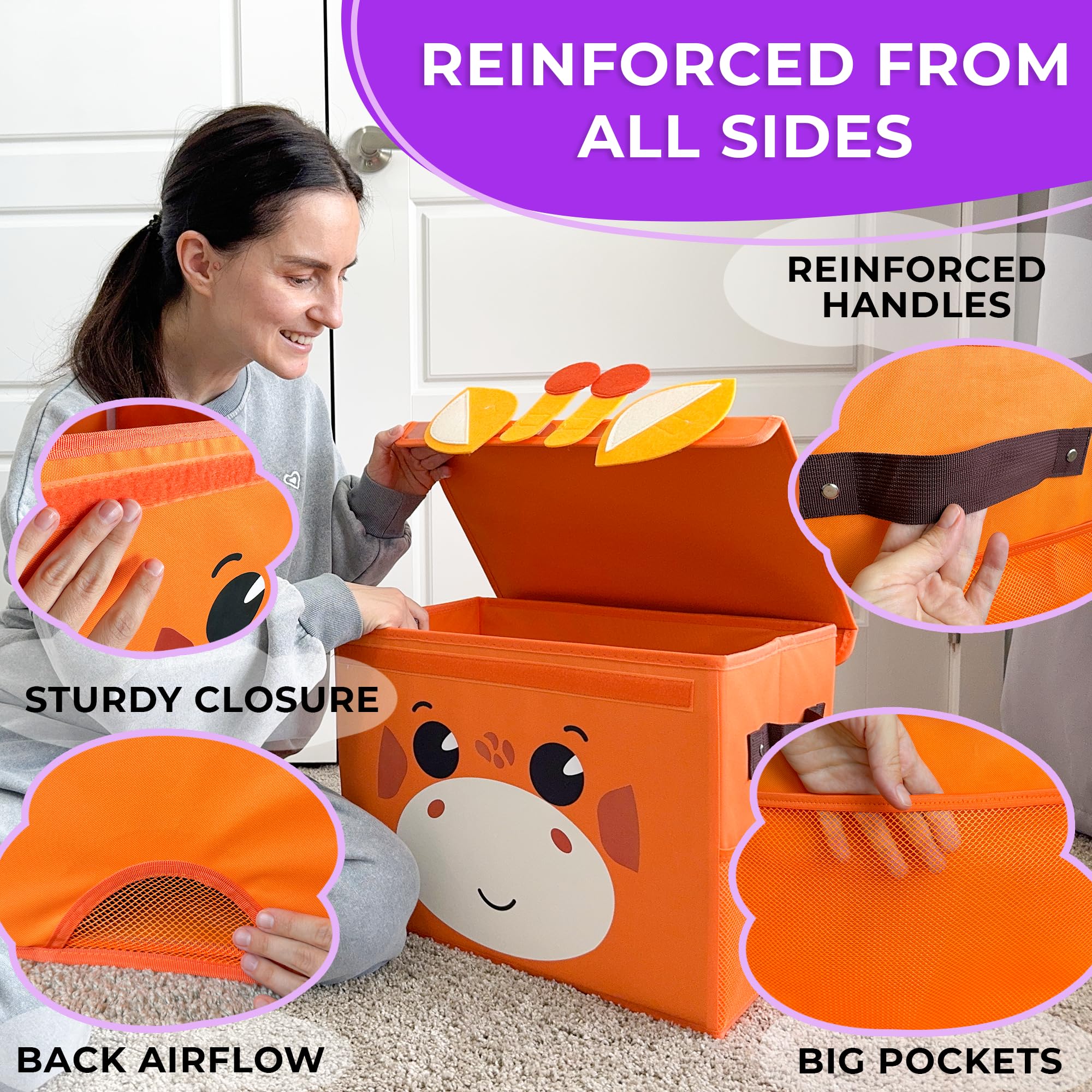 QUOKKA 16x12x10 Inch Giraffe Toy Storage Box with Collapsible Handles & Flip Top Lid - Foldable Fabric Bin for Kids Playroom, Nursery Organization - Perfect for Boys and Girls Toys, Books & Room Decor
