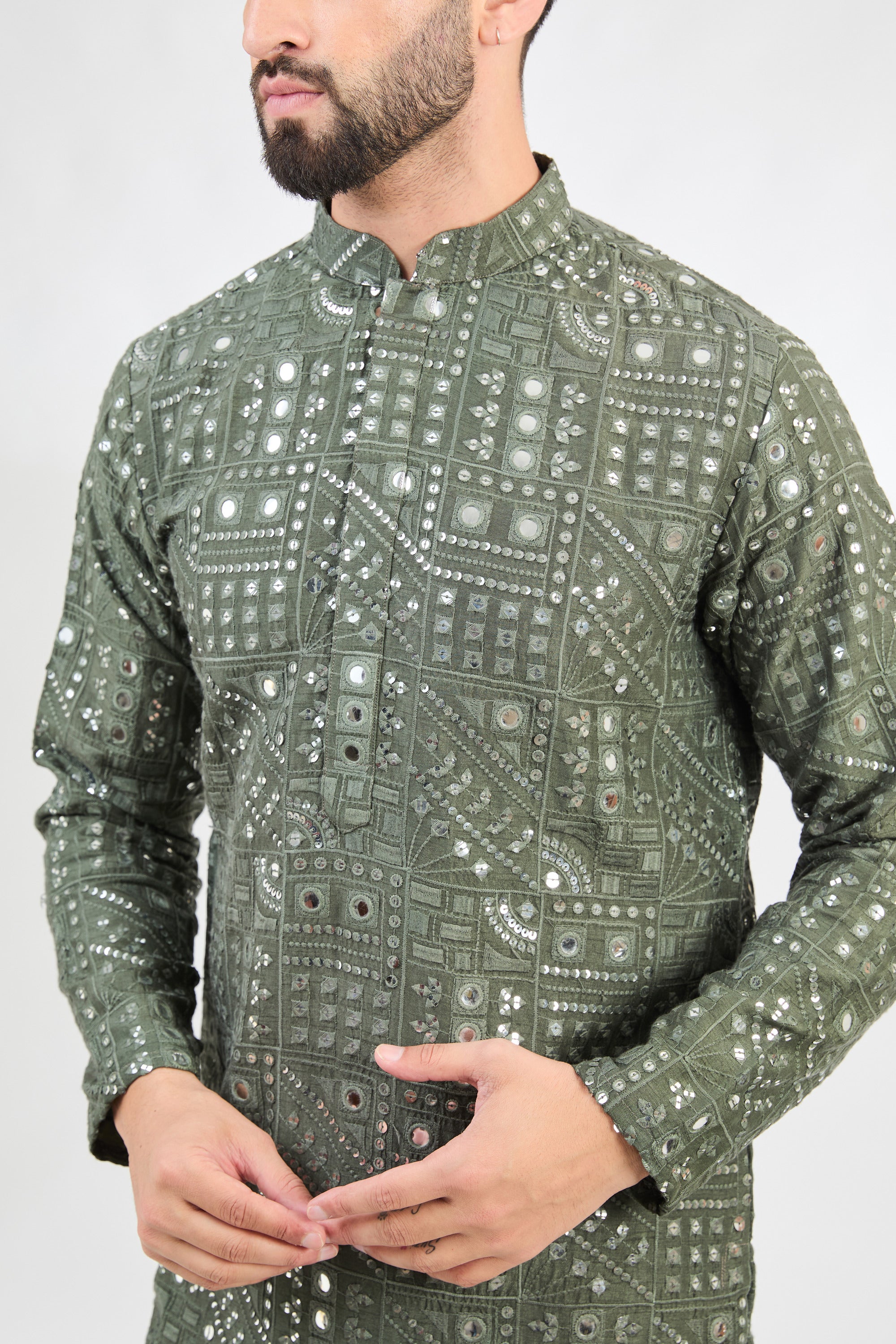 Military Green Mirror Work Kurta for Women - Stylish Ethnic Embroidered Tunic Top - Perfect for Festivals, Weddings & Casual Wear