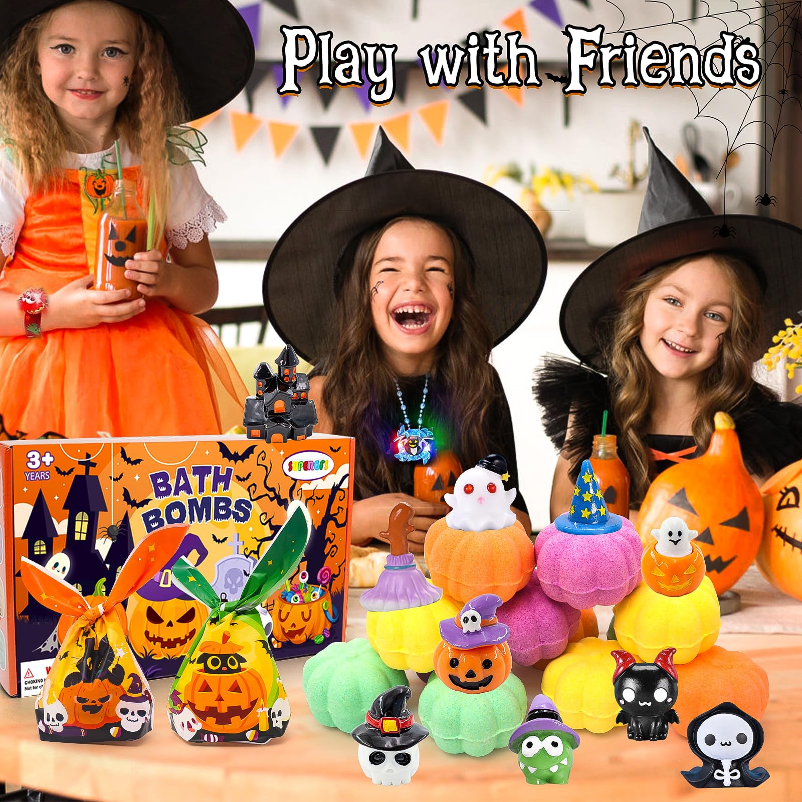 Halloween Pumpkin Bath Bombs for Kids - Surprise Halloween Toys Inside, Fun Halloween Treat Bags & Gifts for Boys and Girls - Perfect for Halloween Parties, Trick or Treating & Spooky Bath Time Fun