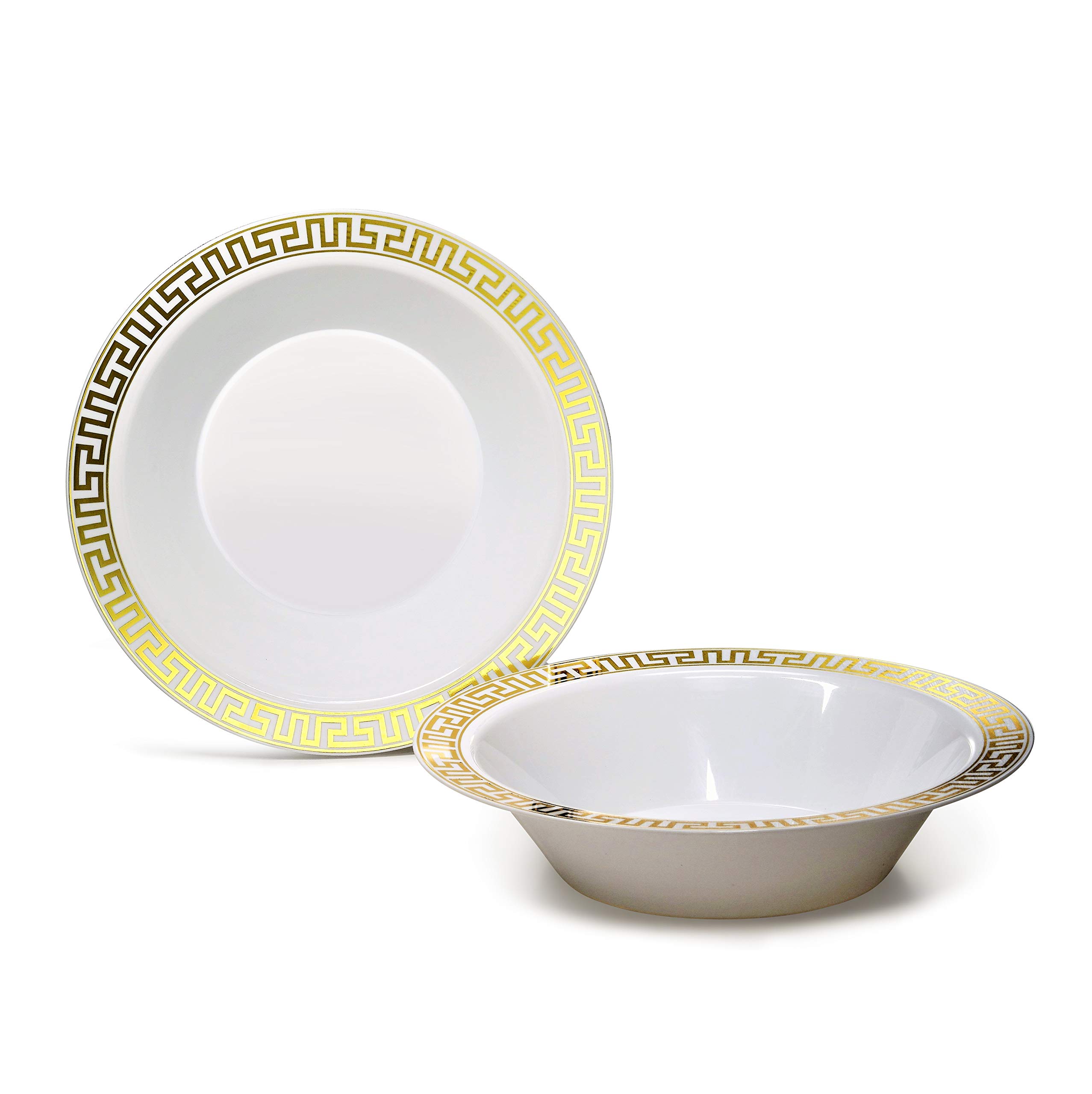 240 Pack Heavyweight Disposable Plastic Bowls - 14oz Soup Bowls for Wedding, Party & Events (White & Gold Milano Design) - Perfect for Catering, Picnics & Large Gatherings