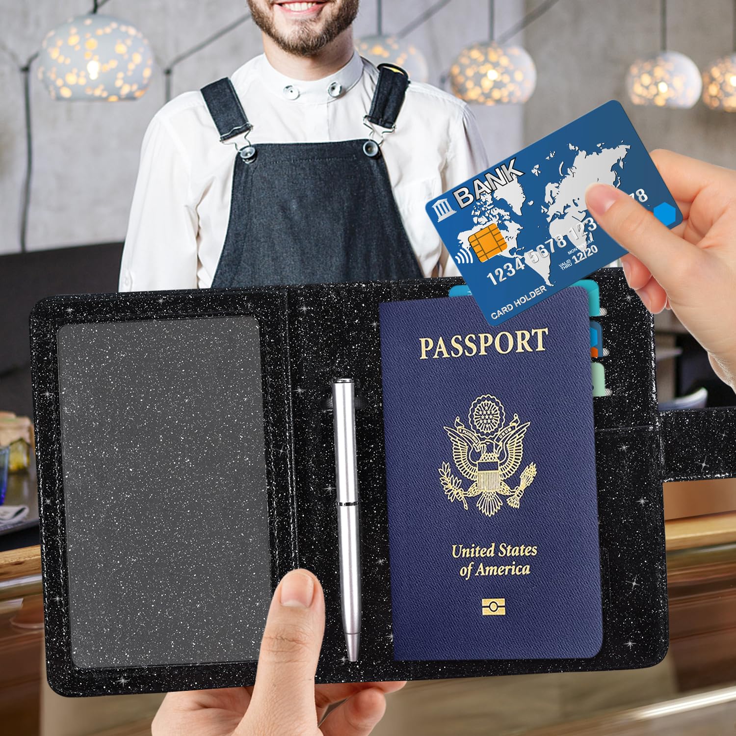ACdream RFID Blocking Passport & Vaccine Card Holder - Glitter Black Faux Leather Travel Wallet for Men & Women | Secure ID Protection for Airports & International Trips
