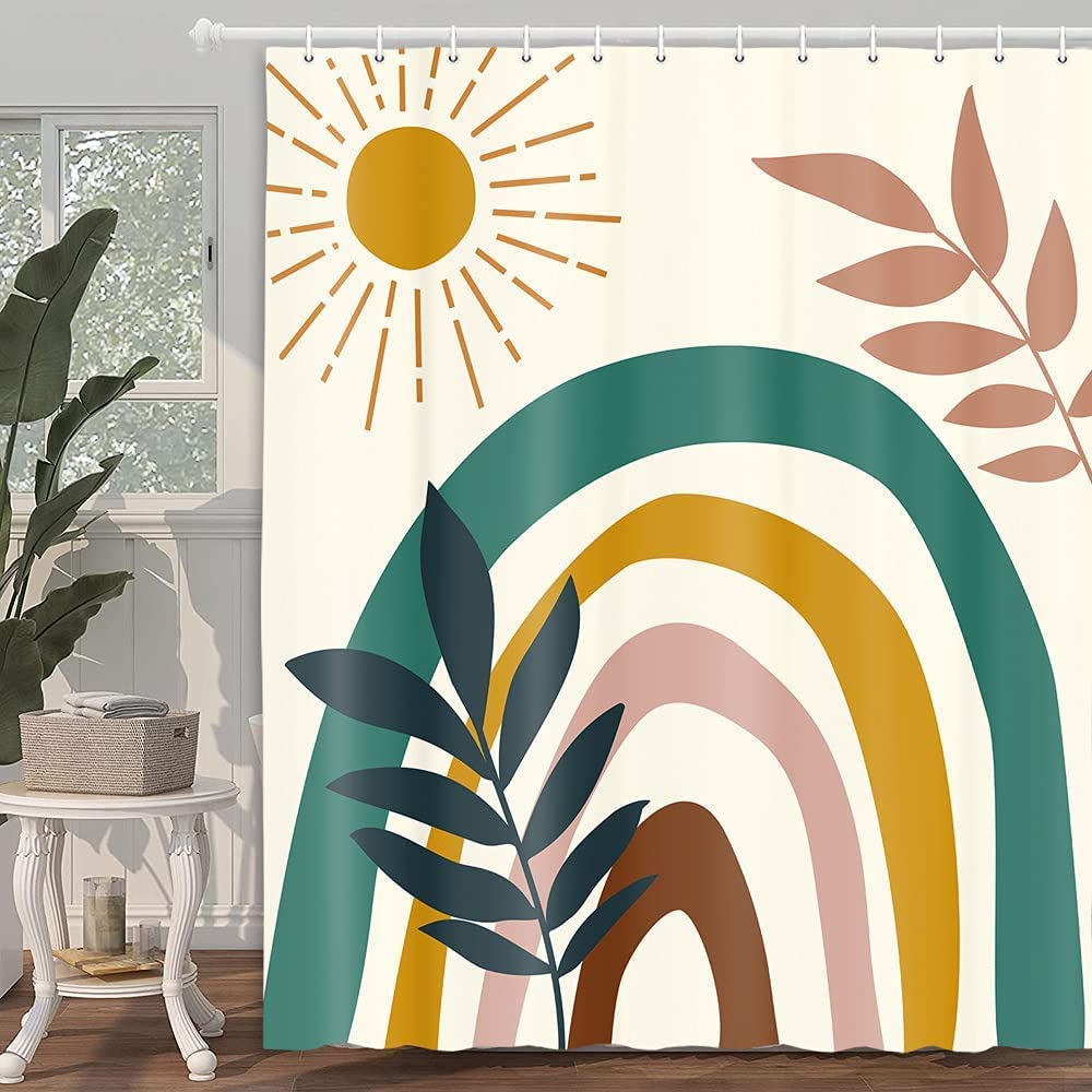 Mid Century Abstract Boho Shower Curtain Set - Sun Rainbow Leaves Geometric Design, Minimalist Aesthetic Polyester Fabric Bathroom Curtain with 12 Hooks (60x70 Inches) - Perfect for Modern, Rustic & Bohemian Style Bathrooms