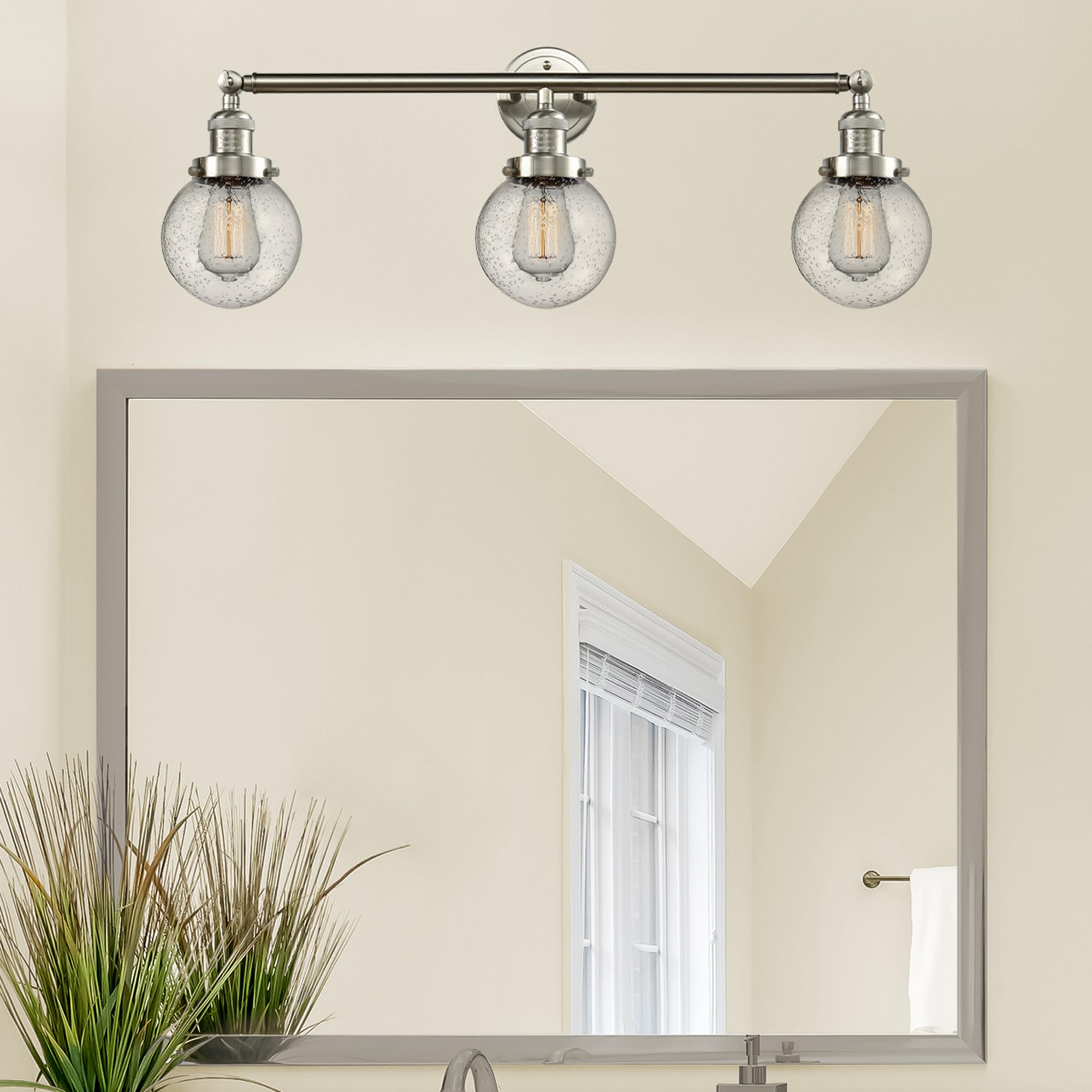 205-SN-G201-6 Beacon 3 Light Bathroom Vanity Light Fixture in Brushed Satin Nickel Finish - Perfect for Modern Bathroom, Powder Room, and Dressing Area Lighting