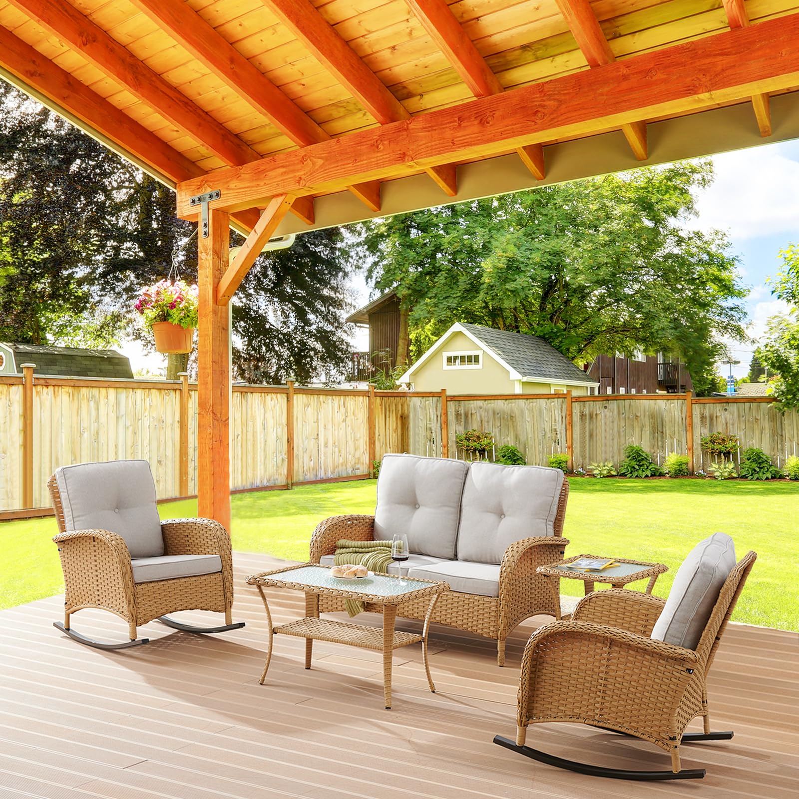 2-Piece Wicker Rocking Chair Set for Porch & Patio - Outdoor Rocking Chairs with Cushions & Side Table - Perfect for Relaxing on Your Deck, Garden or Backyard