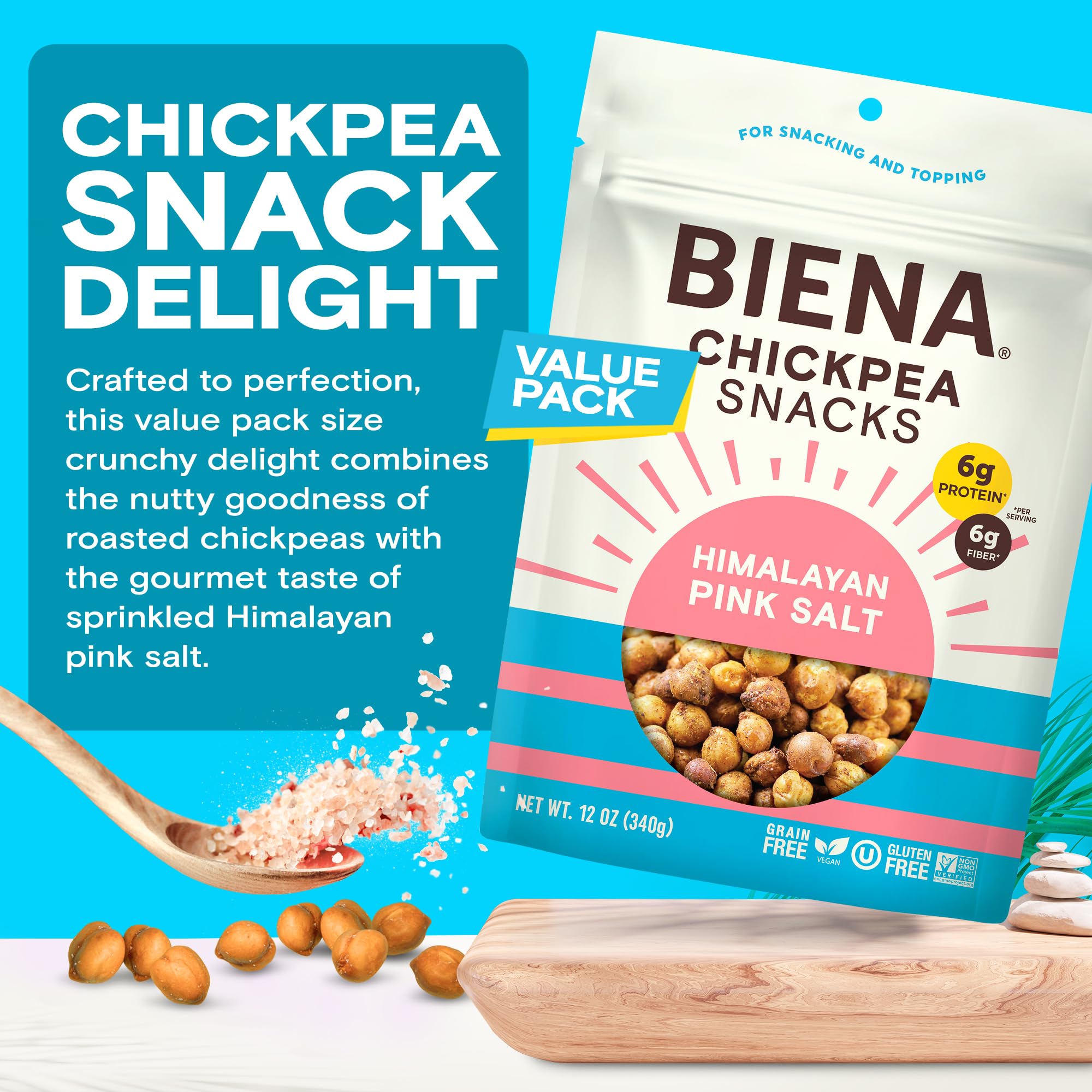 BIENA Crunchy Roasted Chickpea Snacks - High Fiber Vegan Protein Snacks for Adults & Kids - Himalayan Pink Salt - Healthy On-the-Go Snack for Work, School & Travel