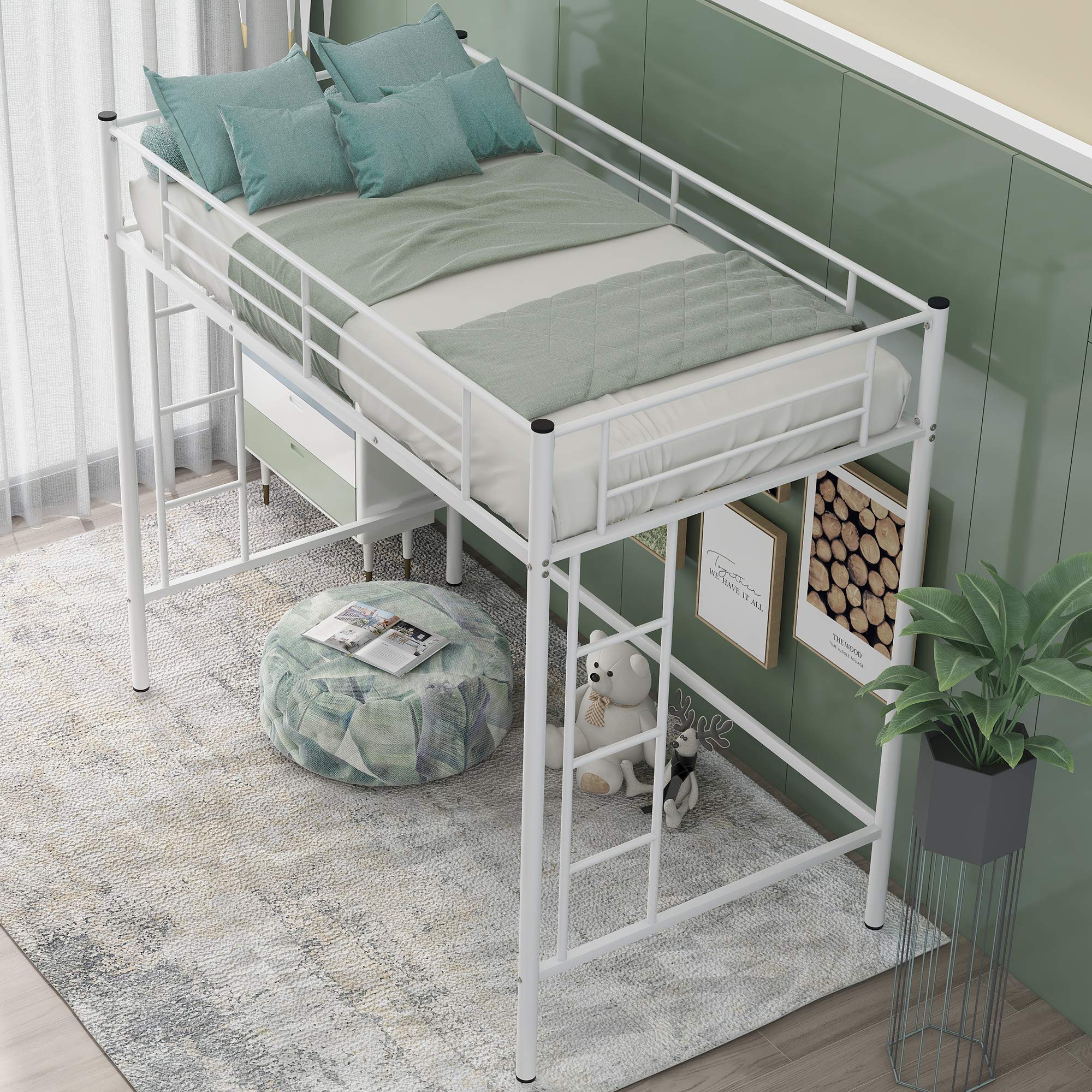 Sturdy White Metal Loft Bed with Twin Size Frame - 2 Ladders & Full Guardrail for Safety, Heavy Duty Steel Construction (No Box Spring Required) - Perfect for Kids' Bedrooms, Dorm Rooms & Small Spaces