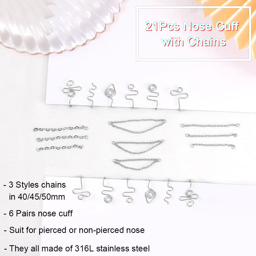 PunkTracker Fake Nose Rings for Women & Men - Stainless Steel Non-Pierced Nose Cuffs with Chain | African Gold Style Fake Nose Jewelry for Teens | Perfect for Parties, Halloween & Festival Outfits