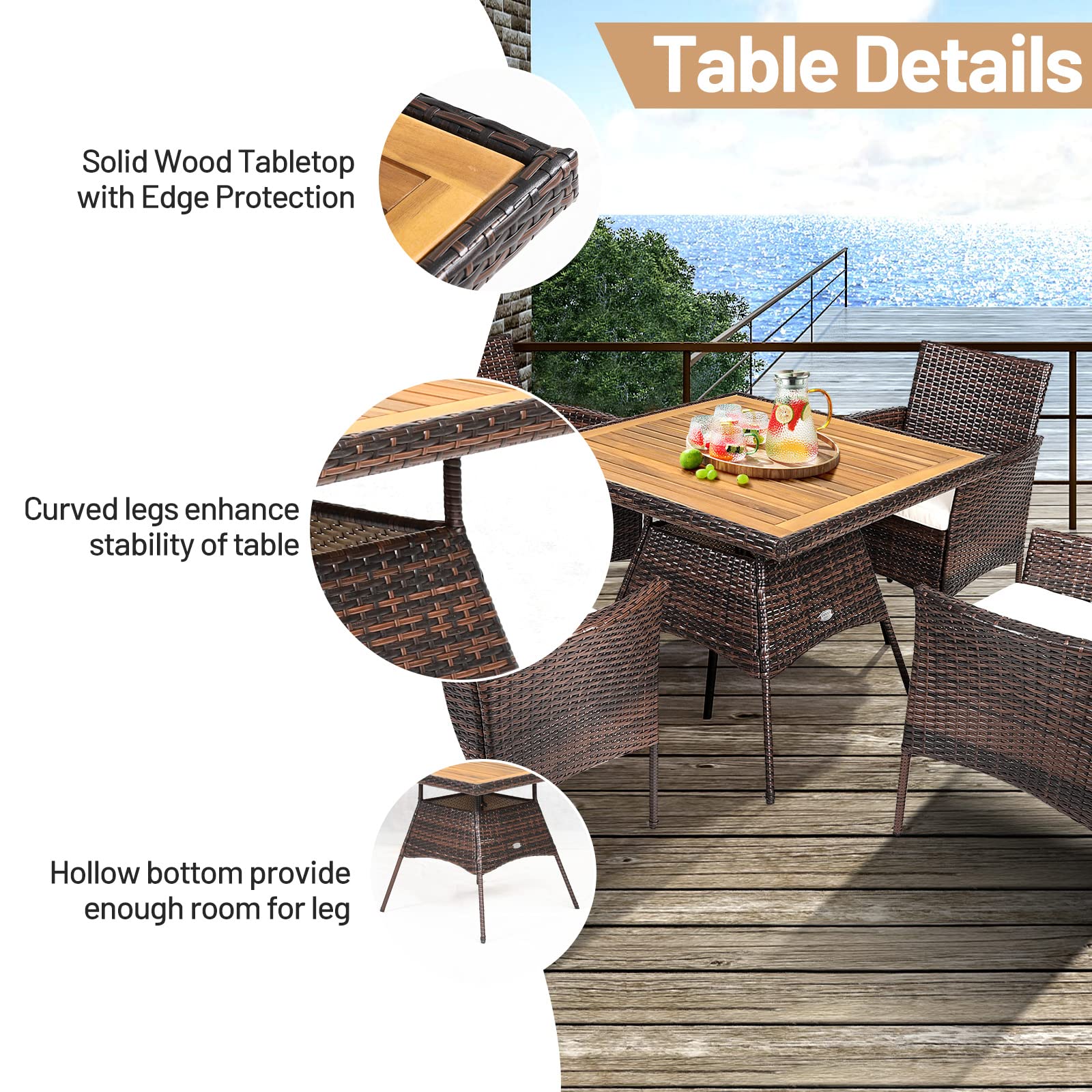 Tangkula 5-Piece Wicker Patio Dining Set - Acacia Wood Outdoor Furniture with 4 Arm Chairs & 1 Table, Rattan Conversation Set with Cushions & Umbrella Hole - Perfect for Backyard, Garden, Porch, Poolside & Outdoor Entertaining