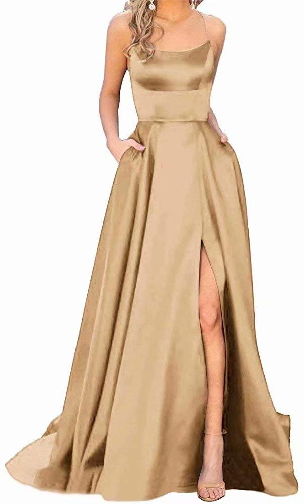 Elegant Women's Halter Prom Dresses - Long Side Split Backless Satin Formal Evening Gowns with Pockets in Champagne (Size 4) | Perfect for Homecoming, Wedding Guest & Special Occasions