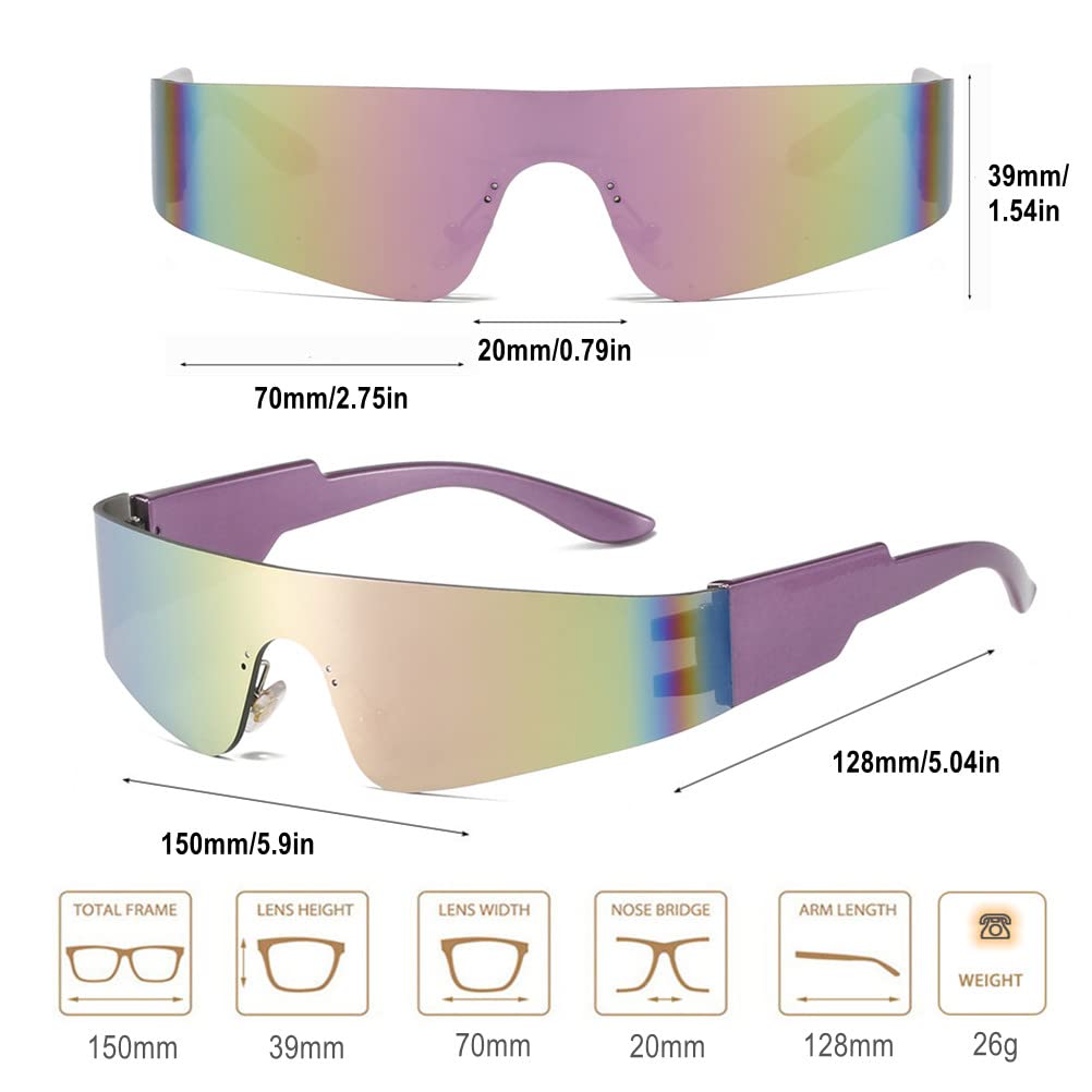 Y2K Futuristic Wrap Around Sunglasses for Men & Women - Purple Frame with Mirror Pink Lens - Cyberpunk Visor Monoblock Cyclops Shades for Rave, Cosplay, and Streetwear Fashion