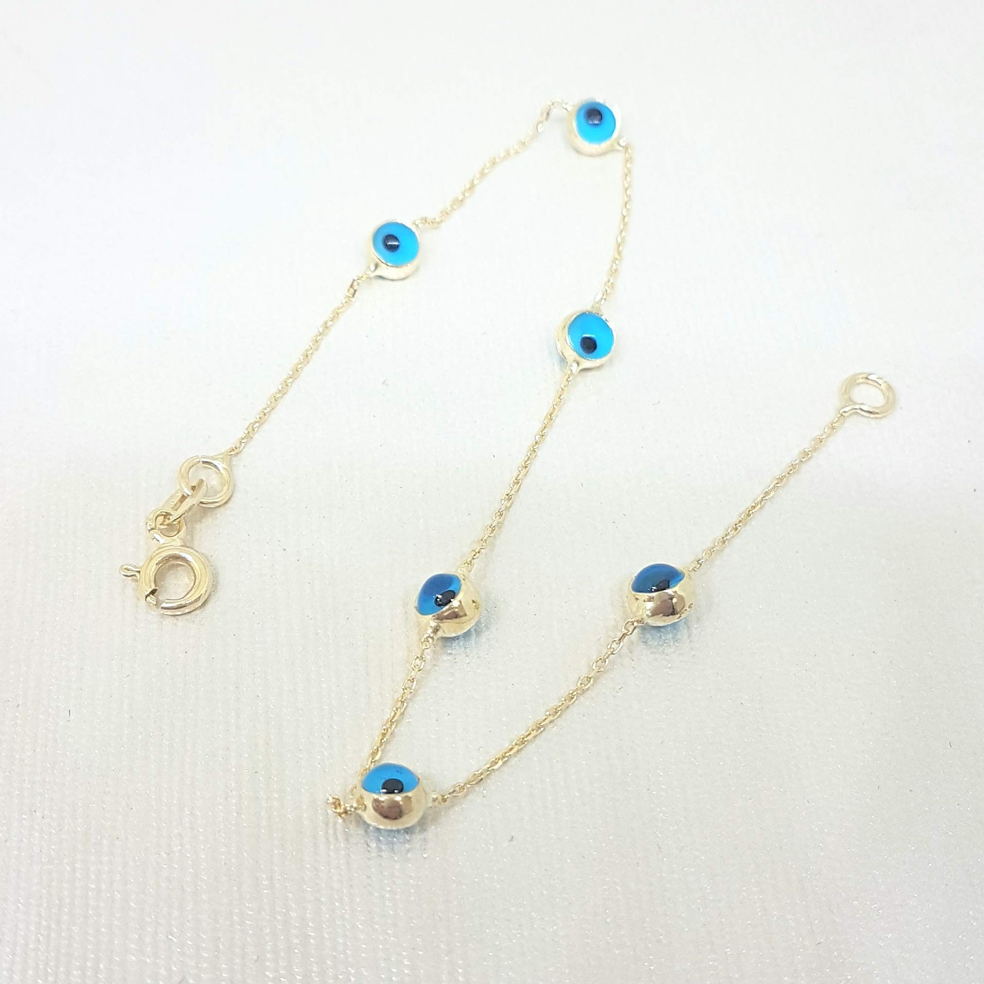 14K Solid Gold Evil Eye Bracelet for Women - Two-Sided Dainty Beaded Turkish Jewelry with Bezel Station Links | Protection Charm for Everyday Wear, Gift for Her, Spiritual Jewelry for Positive Energy