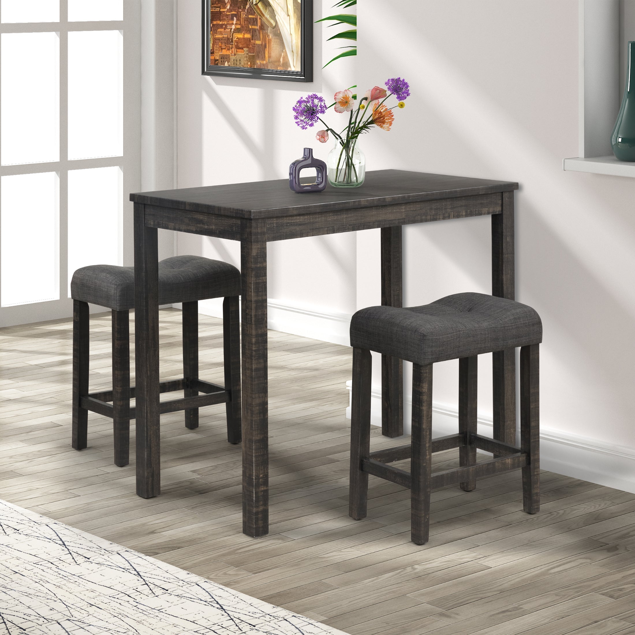 Roundhill Furniture Sora Wood 3-Piece Counter Height Dining Set in Gray - Perfect for Kitchen Islands, Breakfast Nooks & Small Space Dining Areas