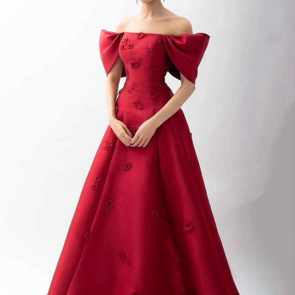 Elegant Off Shoulder Wine Red A-Line Evening Dress with Appliques - Luxury Dubai & Saudi Arabian Style Formal Gown LA72778 for Prom, Wedding & Special Occasions
